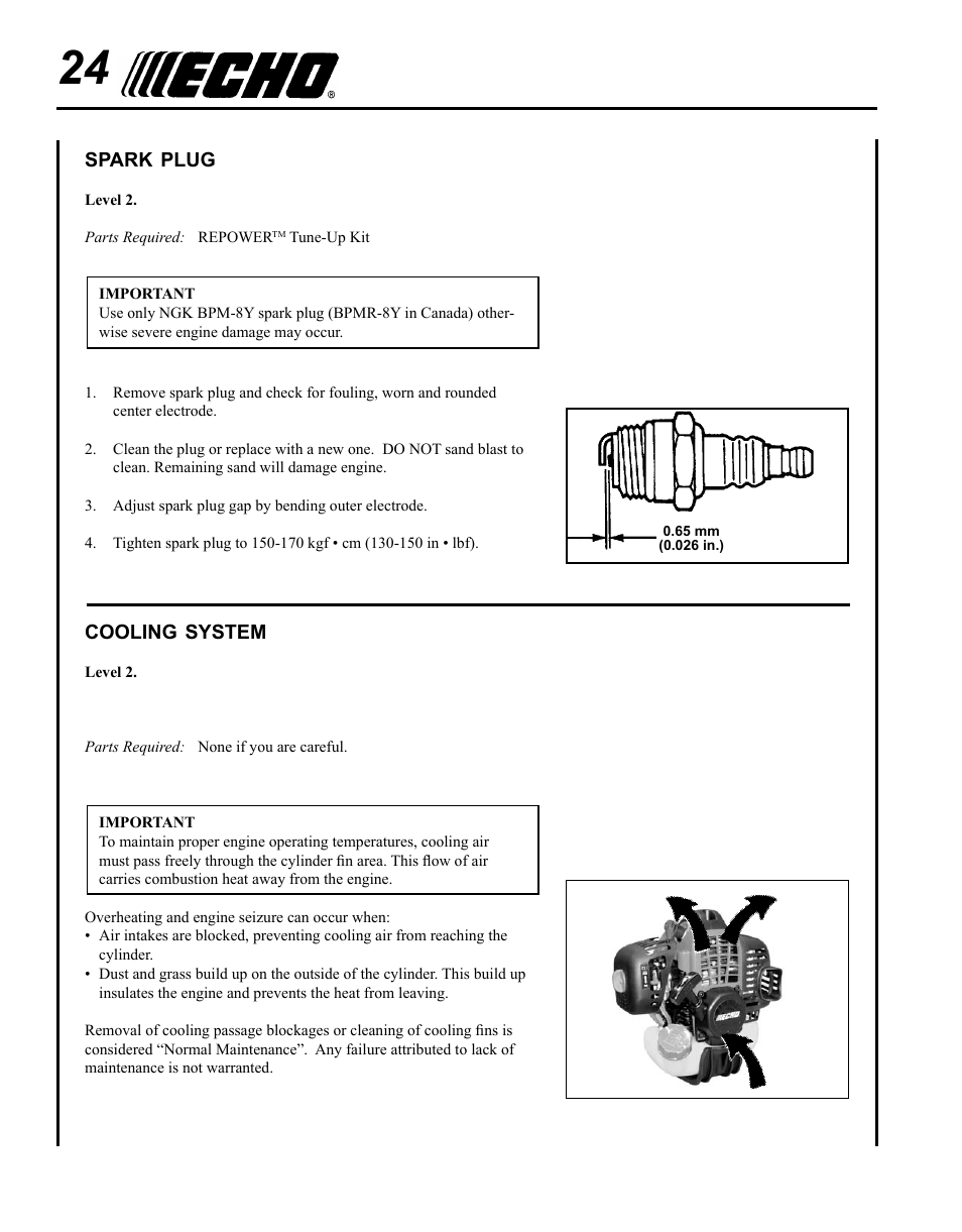 Spark plug, Cooling system | Echo SRM-280U Serial S75012007707 - S75012010175 User Manual | Page 24 / 40