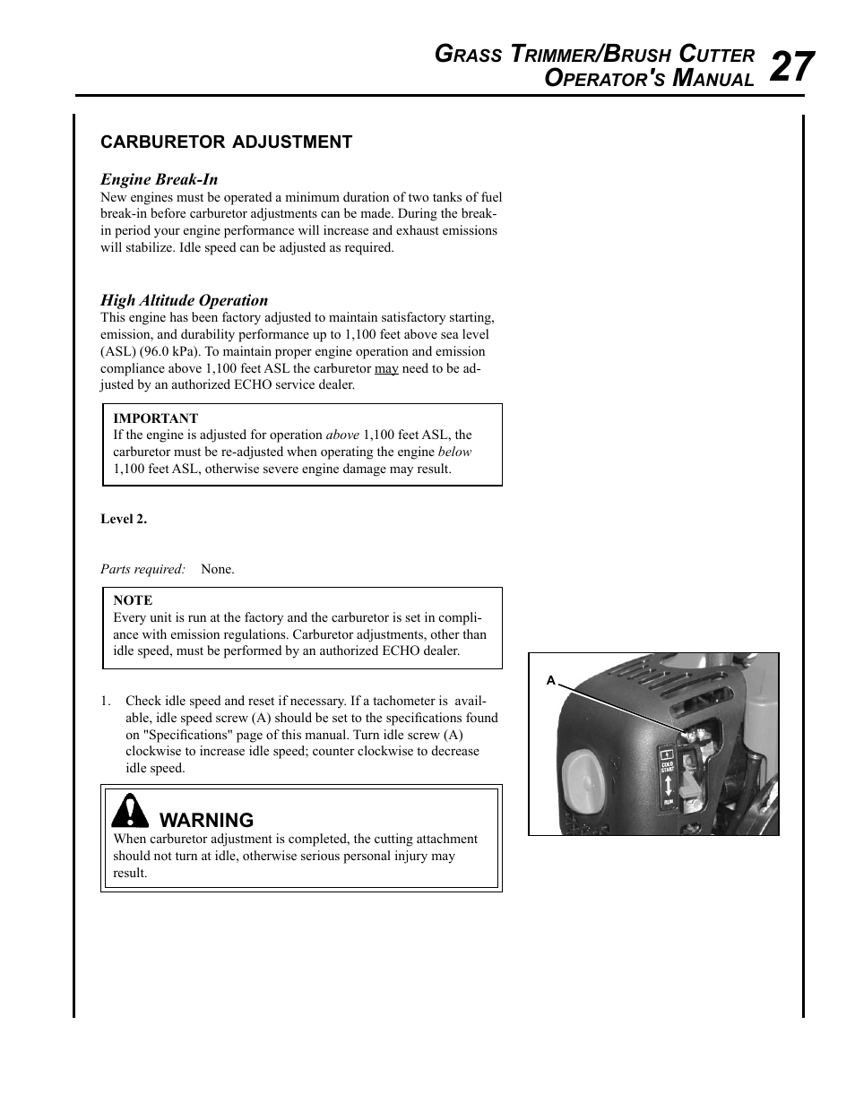Carburetor adjustment | Echo SRM-280U Serial S75012007707 - S75012010175 User Manual | Page 27 / 40