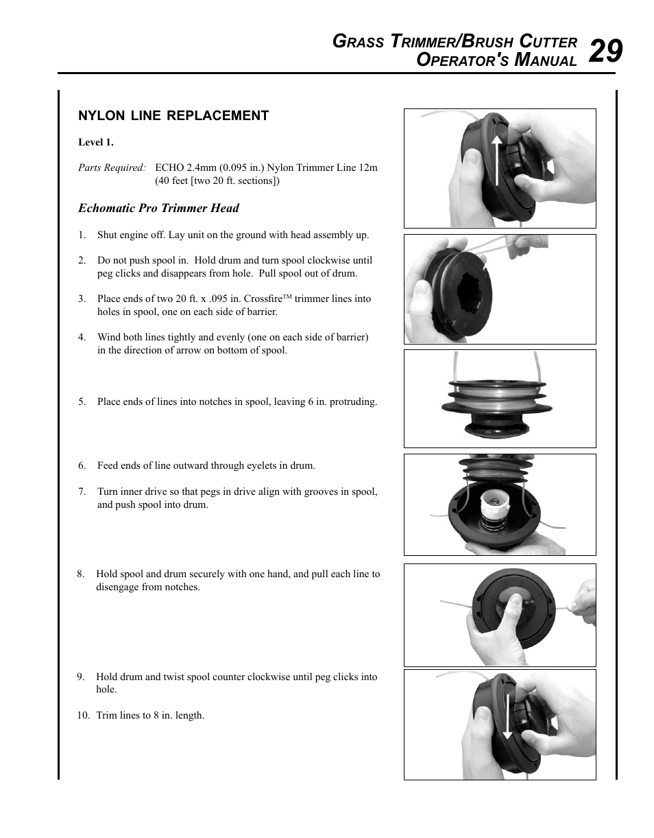 Nylon line replacement | Echo SRM-280U Serial S75012007707 - S75012010175 User Manual | Page 29 / 40