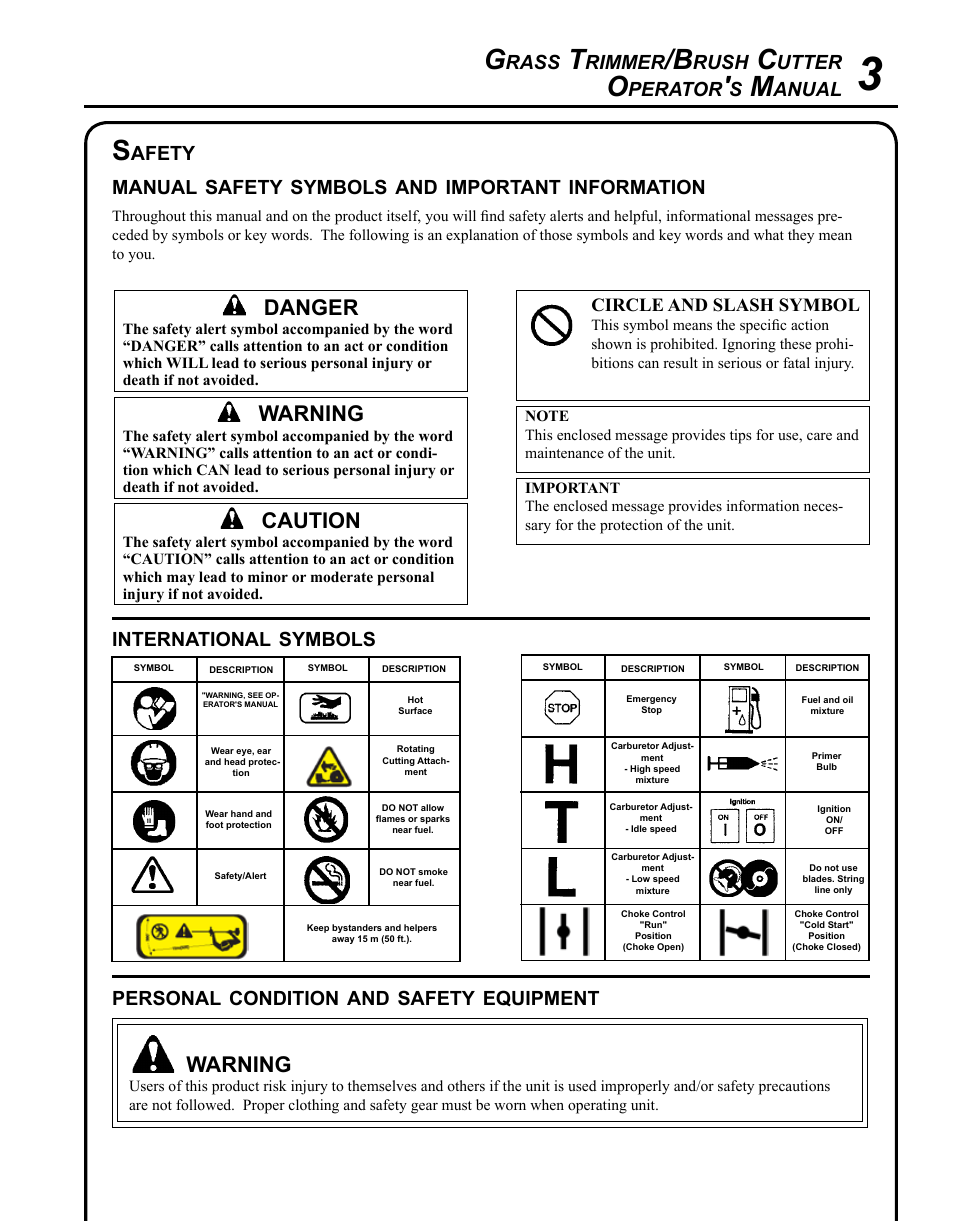 Safety, Warning, Caution | Danger, Rass, Rimmer, Rush, Utter, Perator, Anual | Echo SRM-280U Serial S75012007707 - S75012010175 User Manual | Page 3 / 40