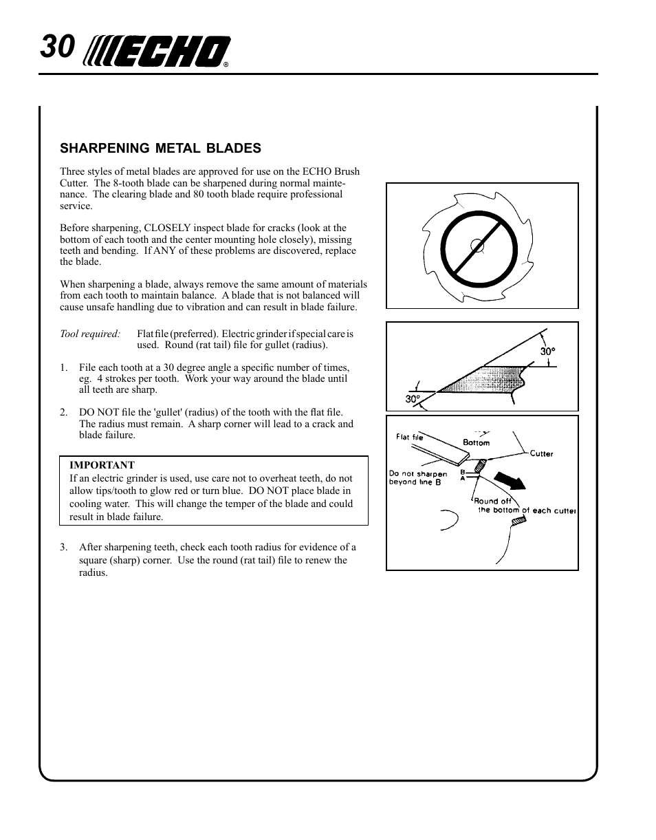 Sharpening metal blades | Echo SRM-280U Serial S75012007707 - S75012010175 User Manual | Page 30 / 40
