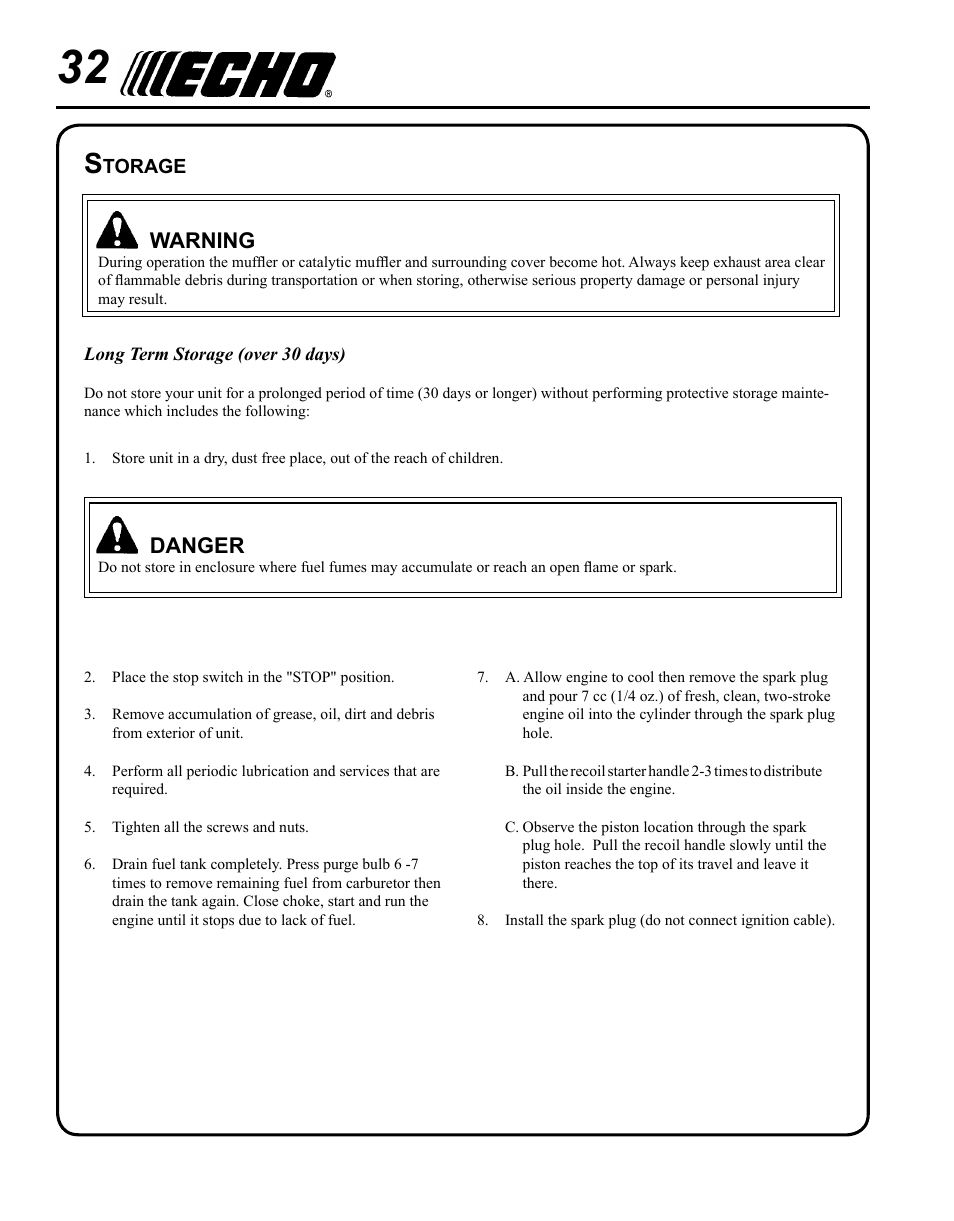 Storage, Danger, Warning | Echo SRM-280U Serial S75012007707 - S75012010175 User Manual | Page 32 / 40