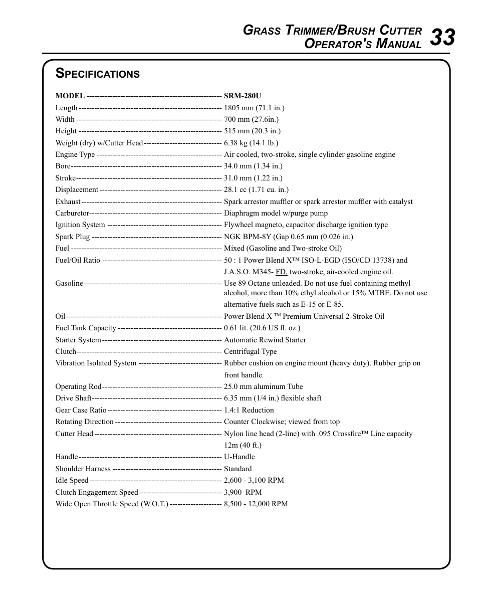 Specifications | Echo SRM-280U Serial S75012007707 - S75012010175 User Manual | Page 33 / 40