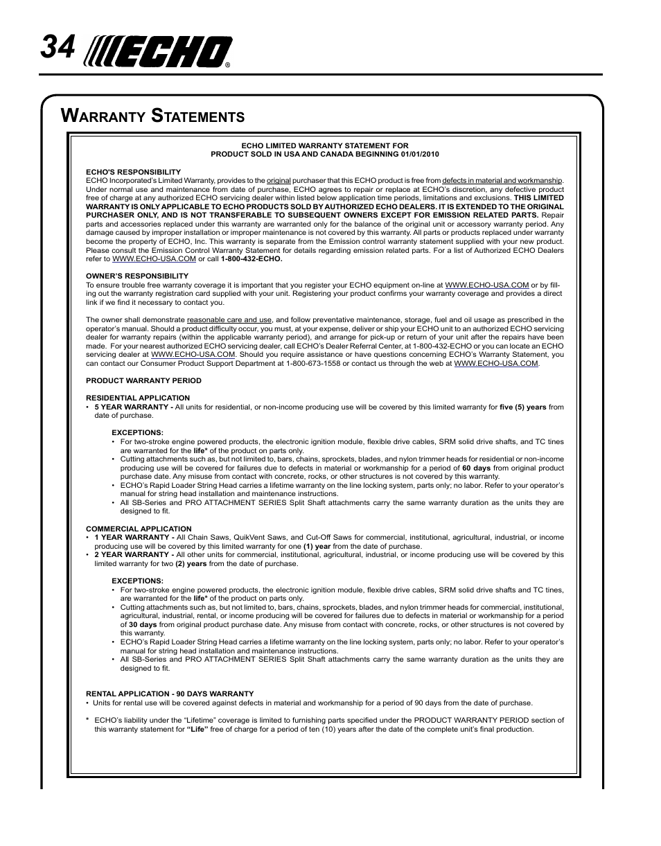 Warranty statements, Arranty, Tatements | Echo SRM-280U Serial S75012007707 - S75012010175 User Manual | Page 34 / 40