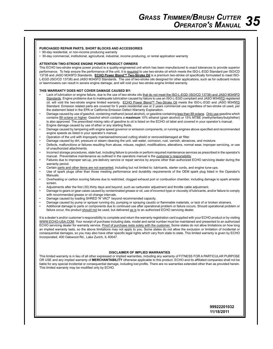 Rass, Rimmer, Rush | Utter, Perator, Anual | Echo SRM-280U Serial S75012007707 - S75012010175 User Manual | Page 35 / 40