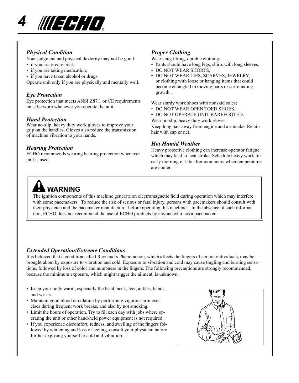 Warning | Echo SRM-280U Serial S75012007707 - S75012010175 User Manual | Page 4 / 40