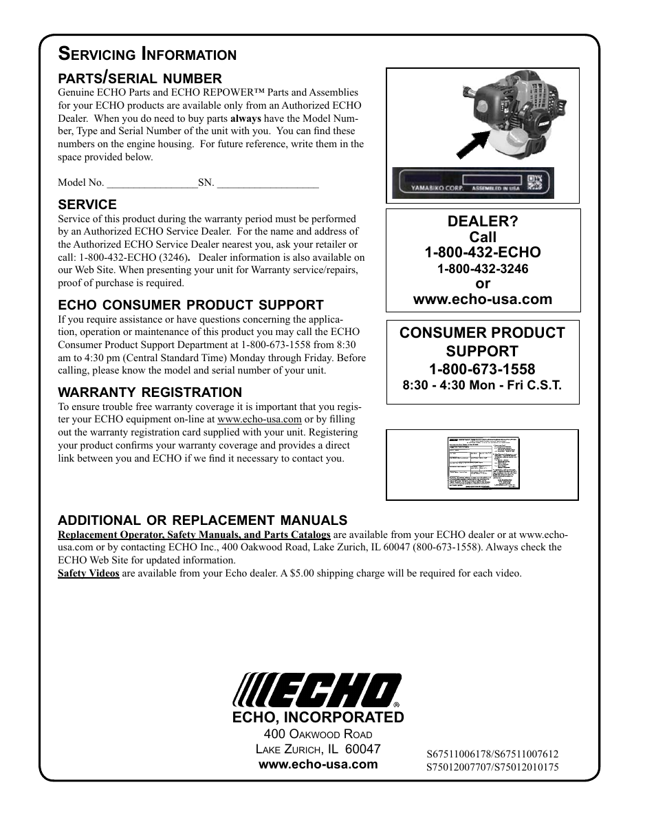 Servicing information | Echo SRM-280U Serial S75012007707 - S75012010175 User Manual | Page 40 / 40