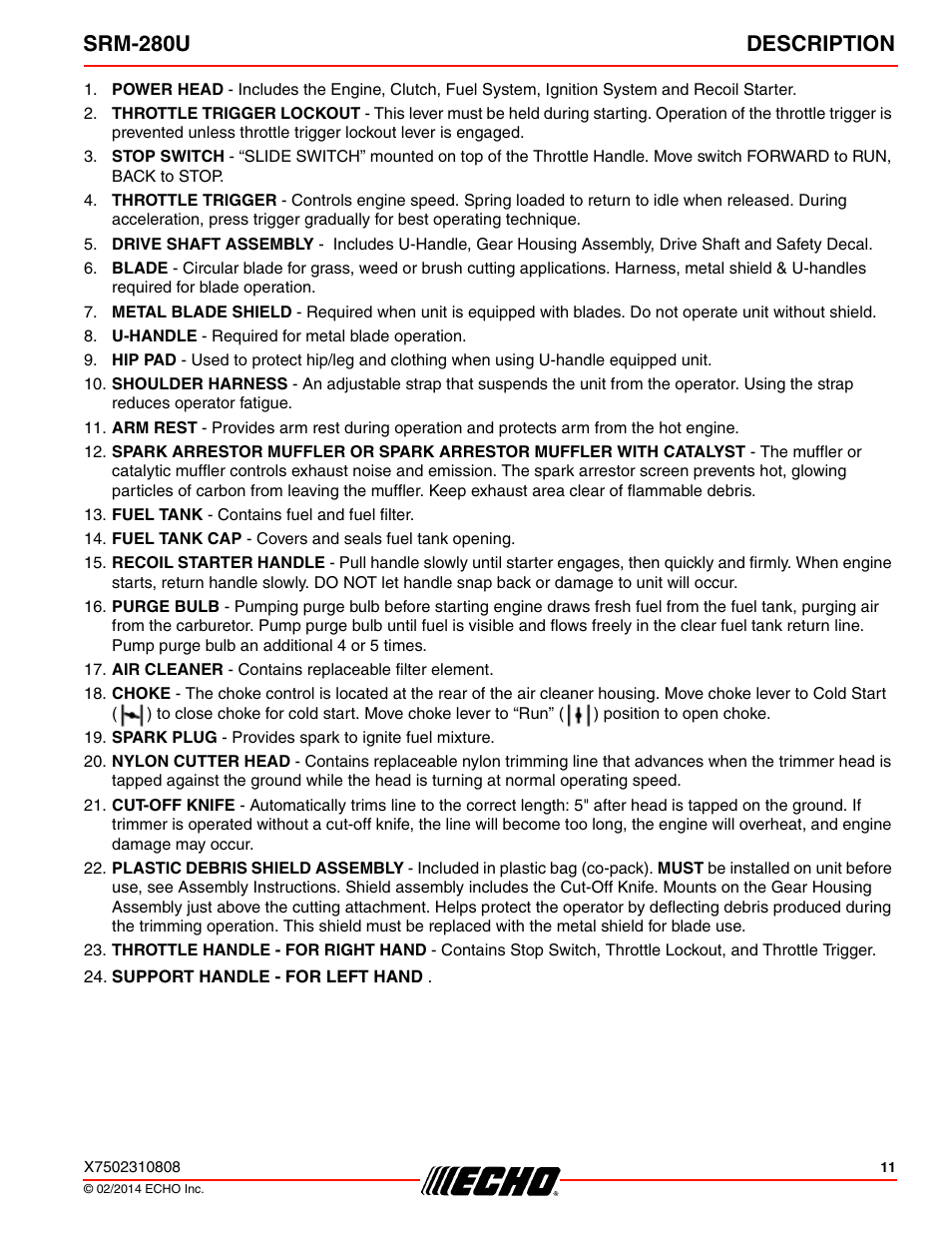 Srm-280u description | Echo SRM-280U Serial S75012010176 - S75012999999 User Manual | Page 11 / 40