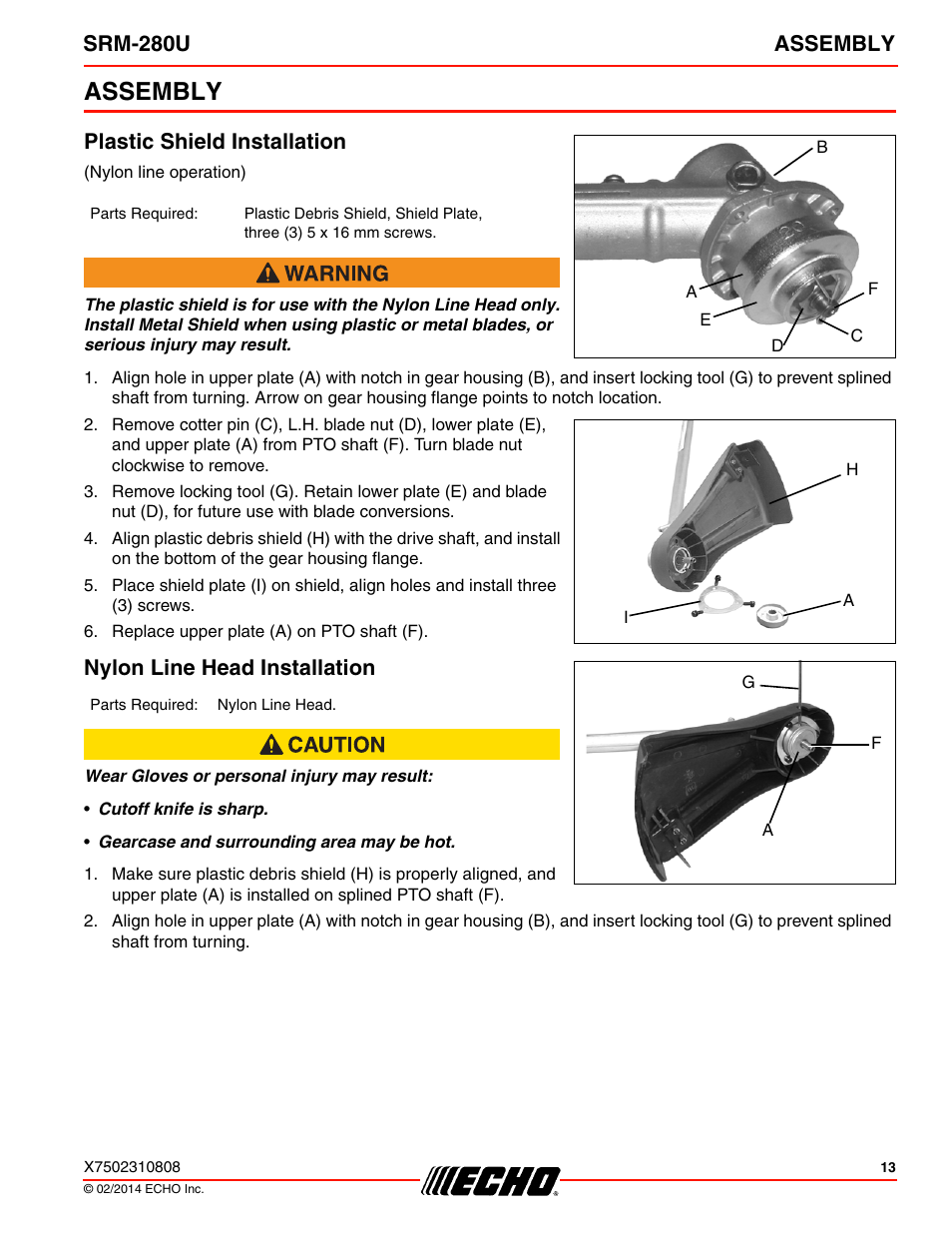 Assembly, Srm-280u assembly, Plastic shield installation | Nylon line head installation | Echo SRM-280U Serial S75012010176 - S75012999999 User Manual | Page 13 / 40