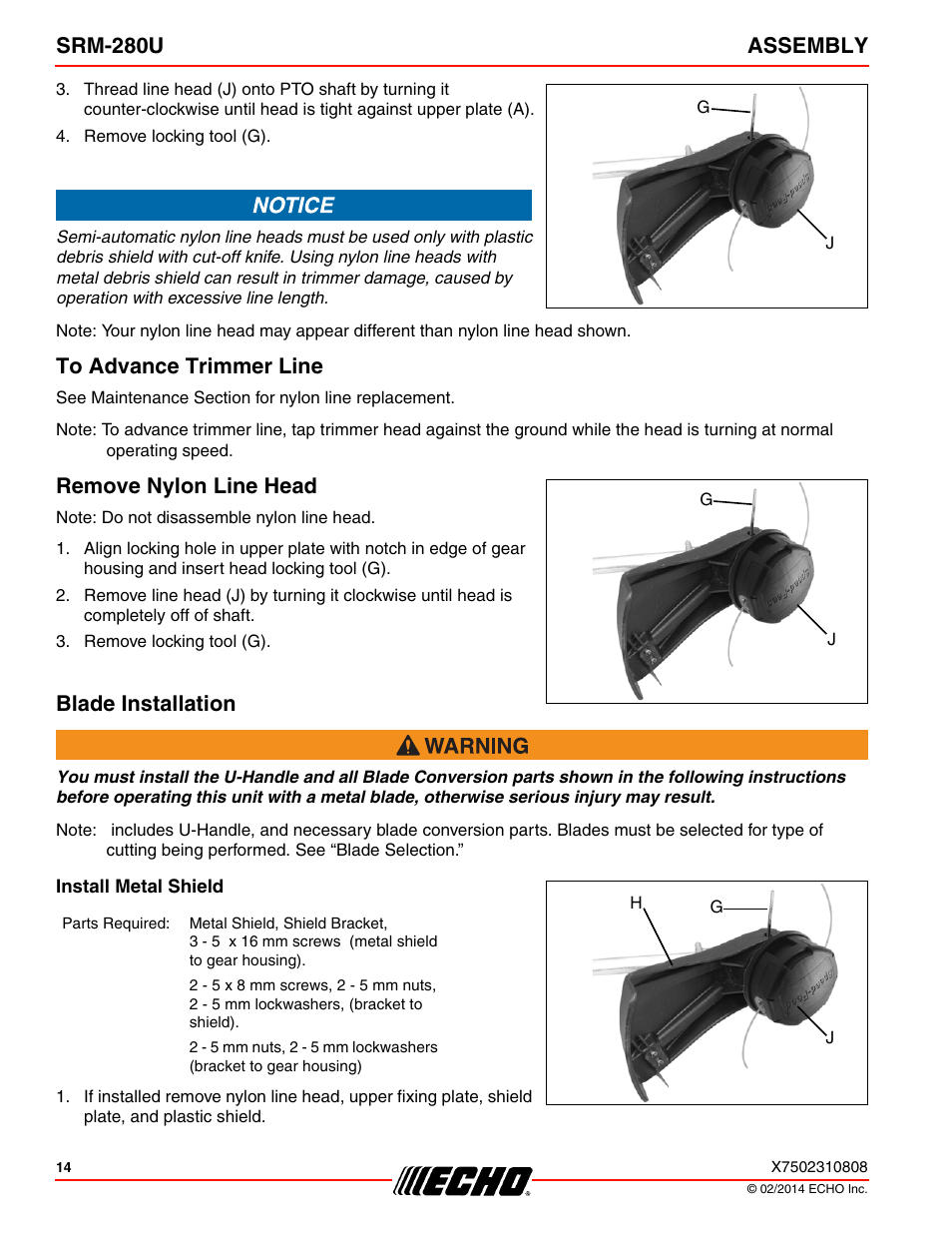 Srm-280u assembly, Remove nylon line head, Blade installation | Echo SRM-280U Serial S75012010176 - S75012999999 User Manual | Page 14 / 40