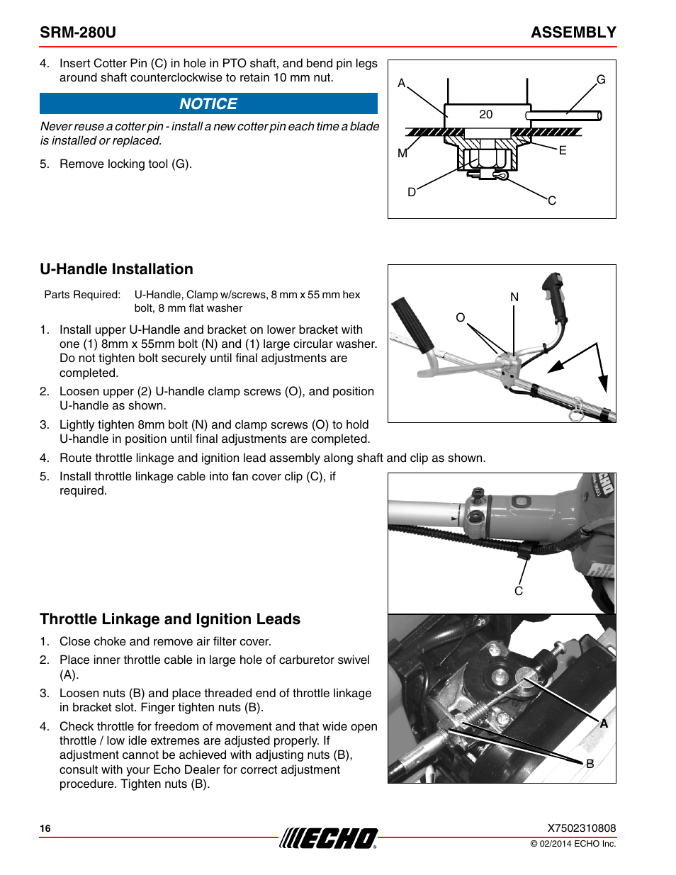 Srm-280u assembly, U-handle installation, Throttle linkage and ignition leads | Echo SRM-280U Serial S75012010176 - S75012999999 User Manual | Page 16 / 40