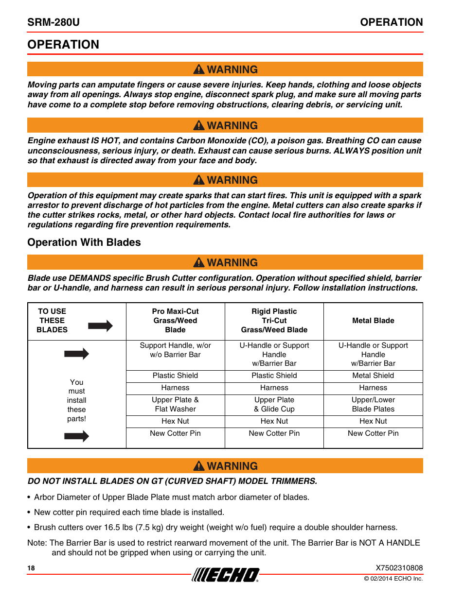 Operation, Operation with blades, Srm-280u operation | Echo SRM-280U Serial S75012010176 - S75012999999 User Manual | Page 18 / 40