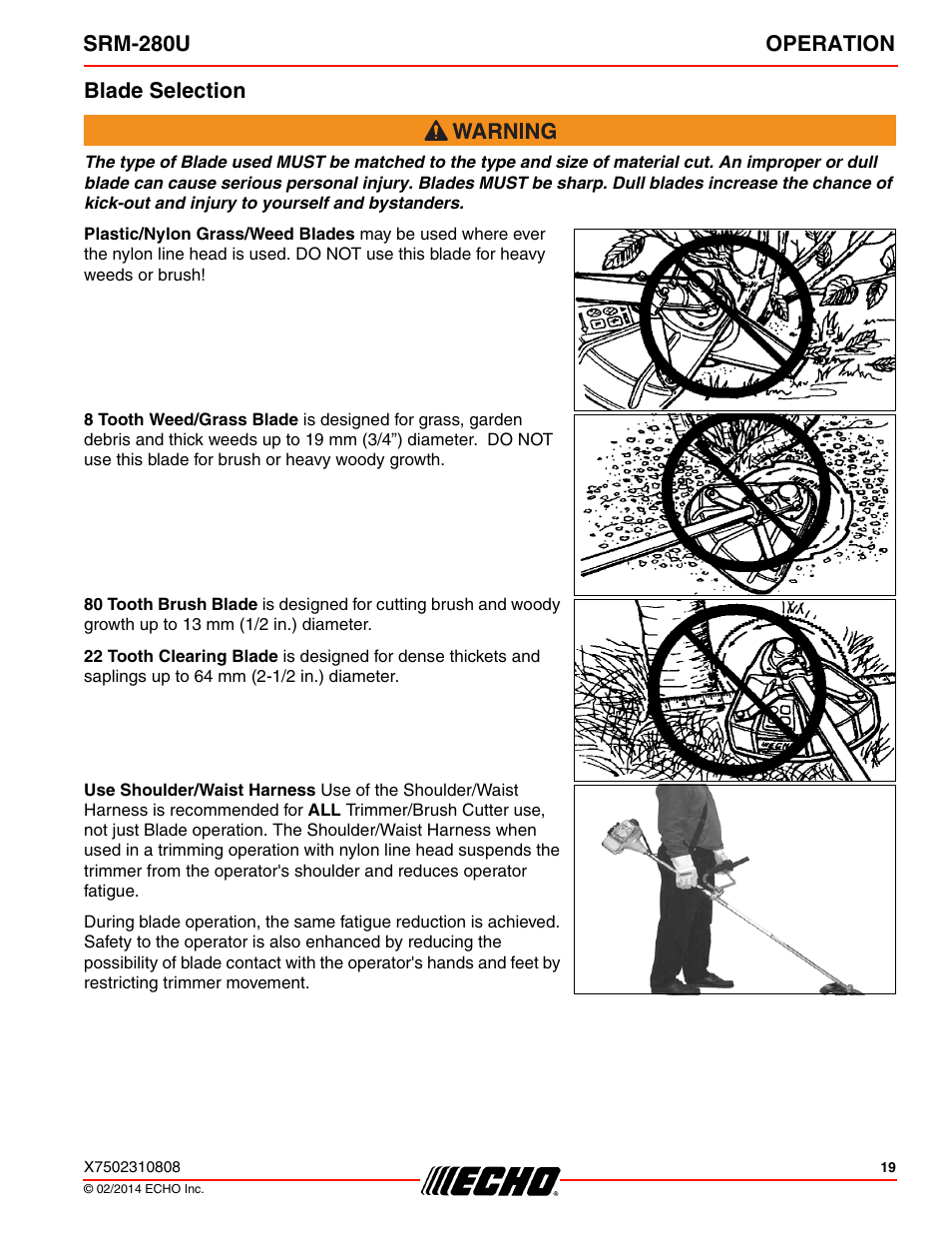 Blade selection, Srm-280u operation blade selection | Echo SRM-280U Serial S75012010176 - S75012999999 User Manual | Page 19 / 40