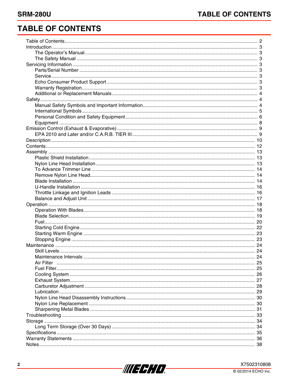 Echo SRM-280U Serial S75012010176 - S75012999999 User Manual | Page 2 / 40