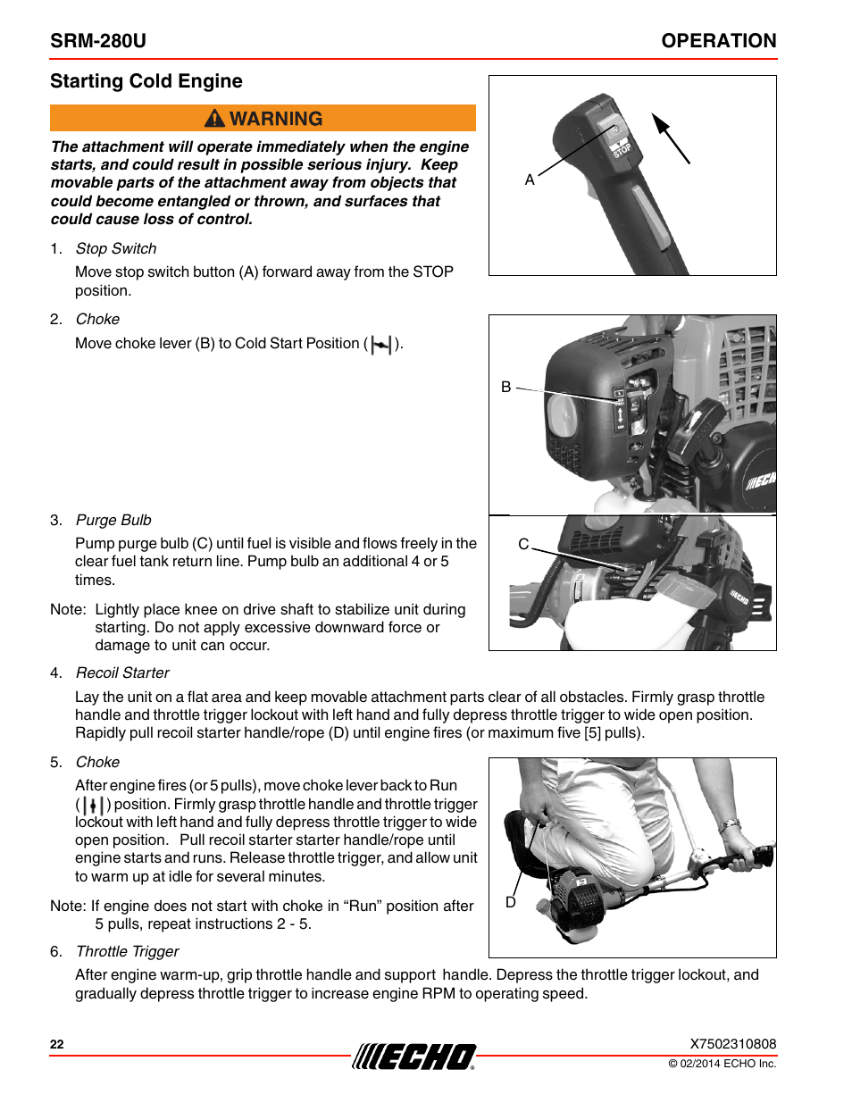 Starting cold engine, Srm-280u operation starting cold engine | Echo SRM-280U Serial S75012010176 - S75012999999 User Manual | Page 22 / 40