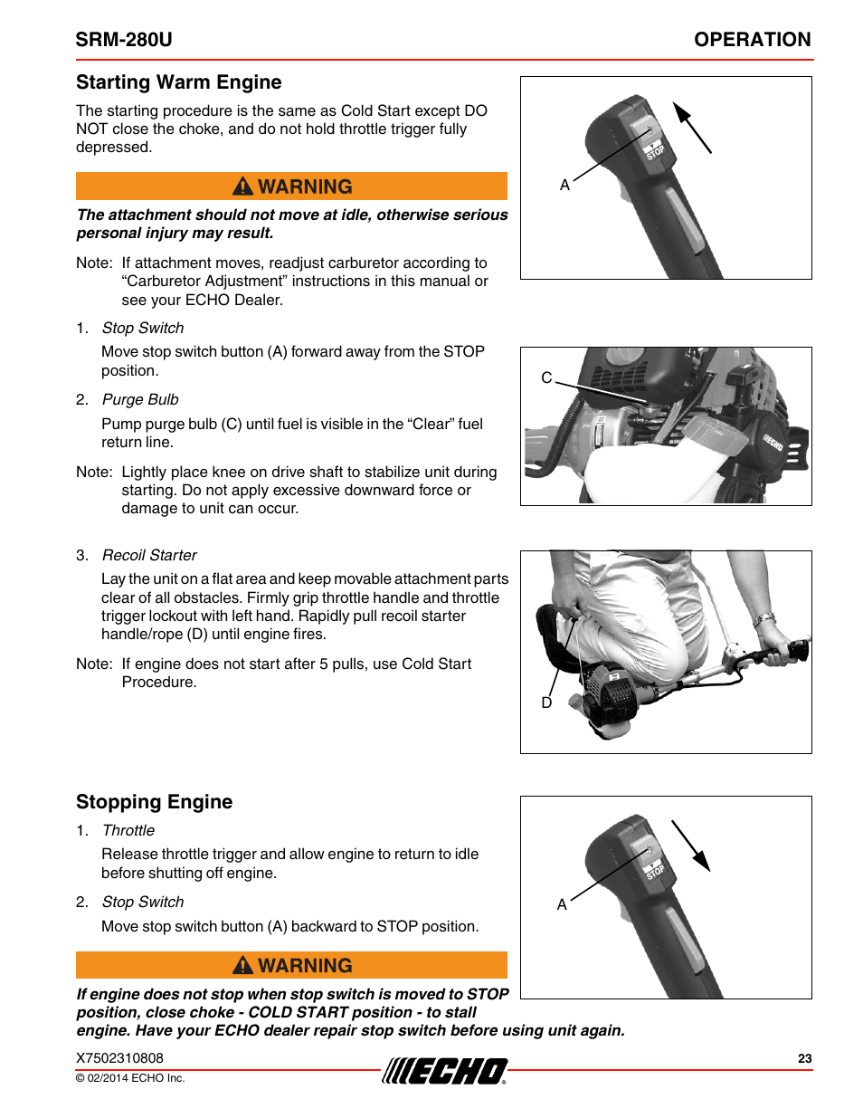 Starting warm engine stopping engine, Srm-280u operation starting warm engine, Stopping engine | Echo SRM-280U Serial S75012010176 - S75012999999 User Manual | Page 23 / 40