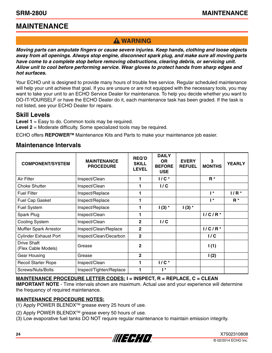 Maintenance, Skill levels maintenance intervals, Srm-280u maintenance | Skill levels, Maintenance intervals | Echo SRM-280U Serial S75012010176 - S75012999999 User Manual | Page 24 / 40
