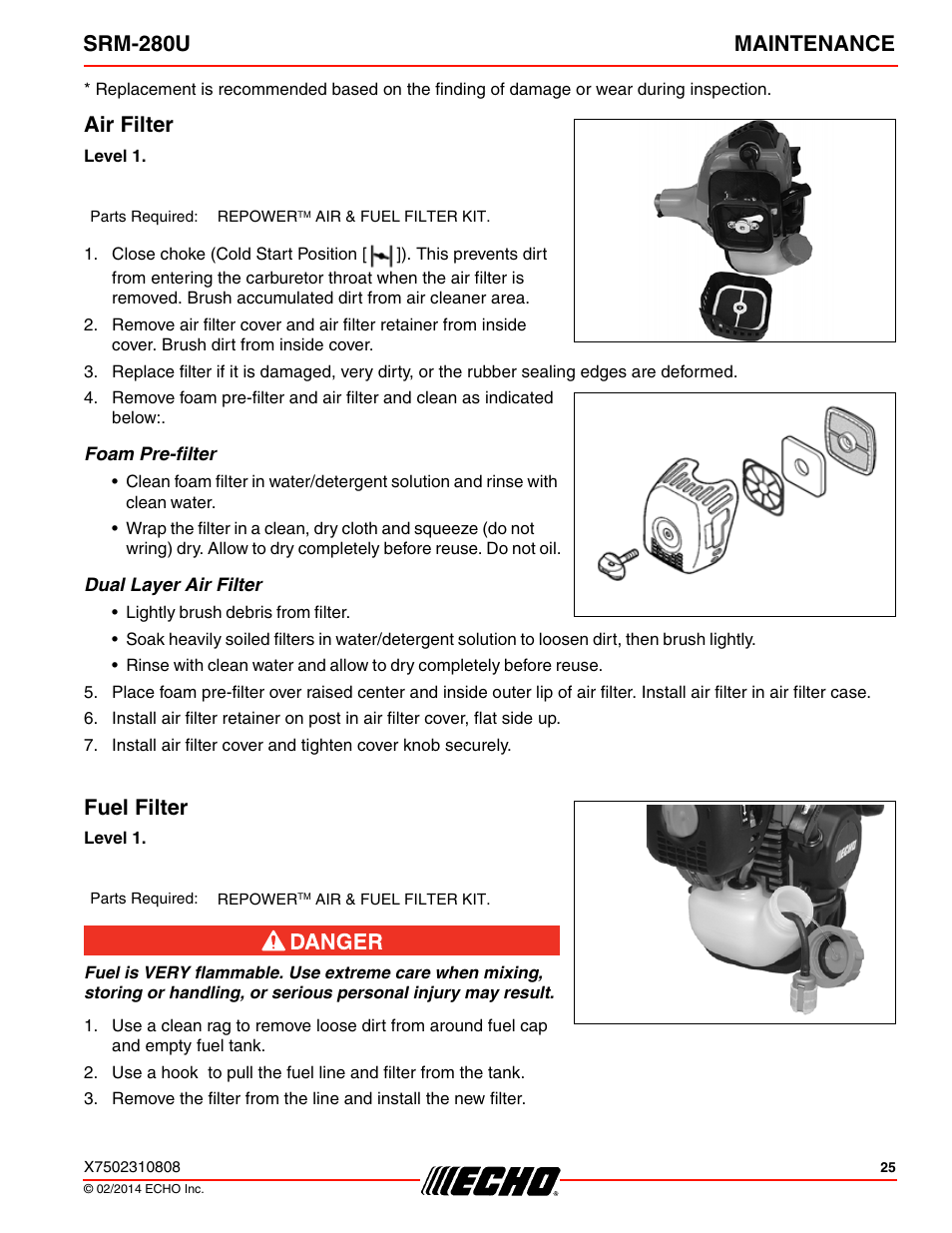 Air filter fuel filter, Srm-280u maintenance, Air filter | Fuel filter | Echo SRM-280U Serial S75012010176 - S75012999999 User Manual | Page 25 / 40