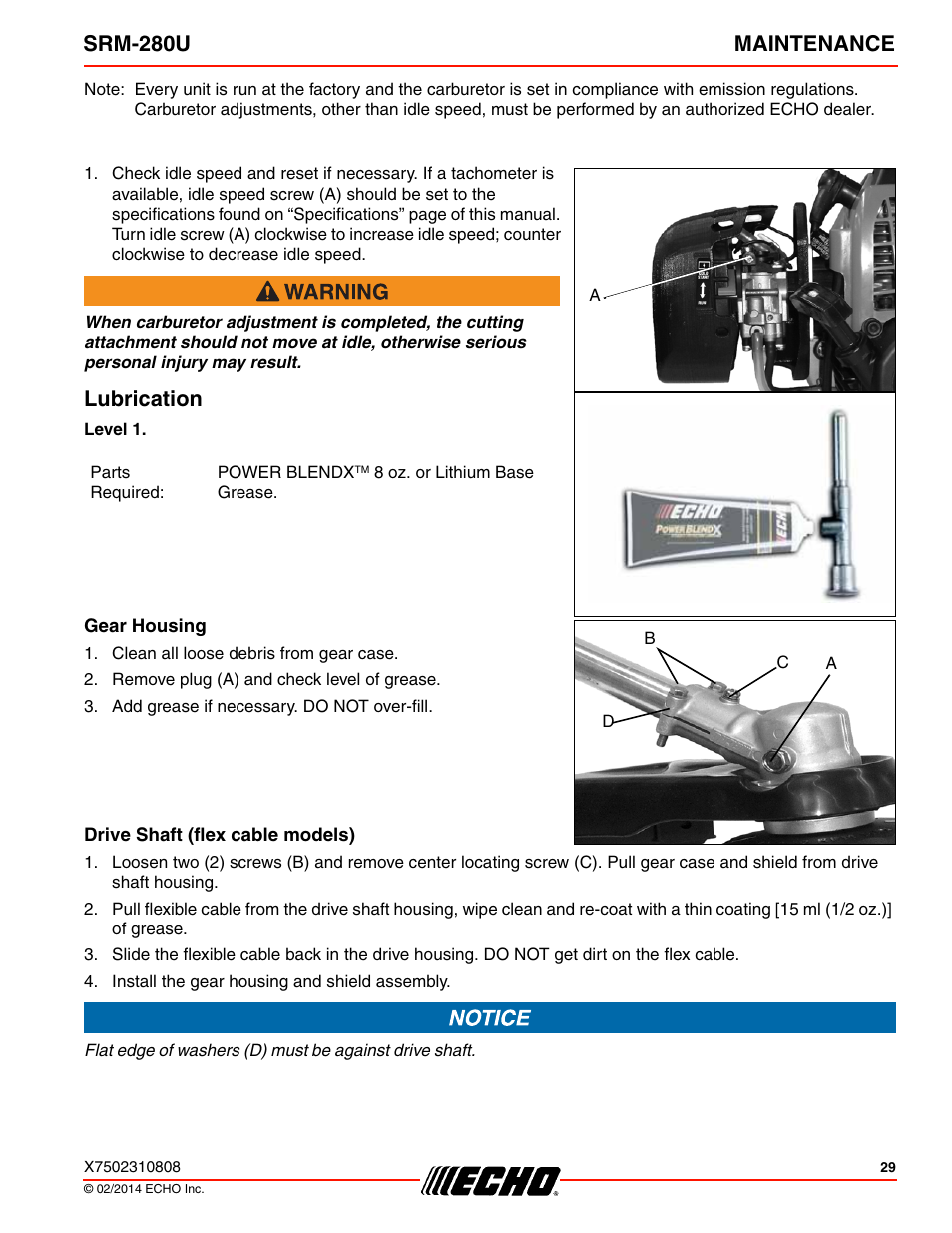 Lubrication, Srm-280u maintenance | Echo SRM-280U Serial S75012010176 - S75012999999 User Manual | Page 29 / 40