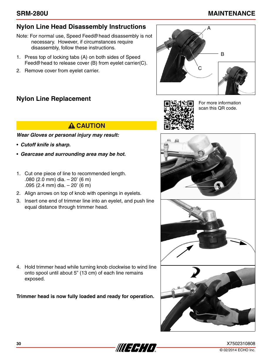 Nylon line replacement | Echo SRM-280U Serial S75012010176 - S75012999999 User Manual | Page 30 / 40