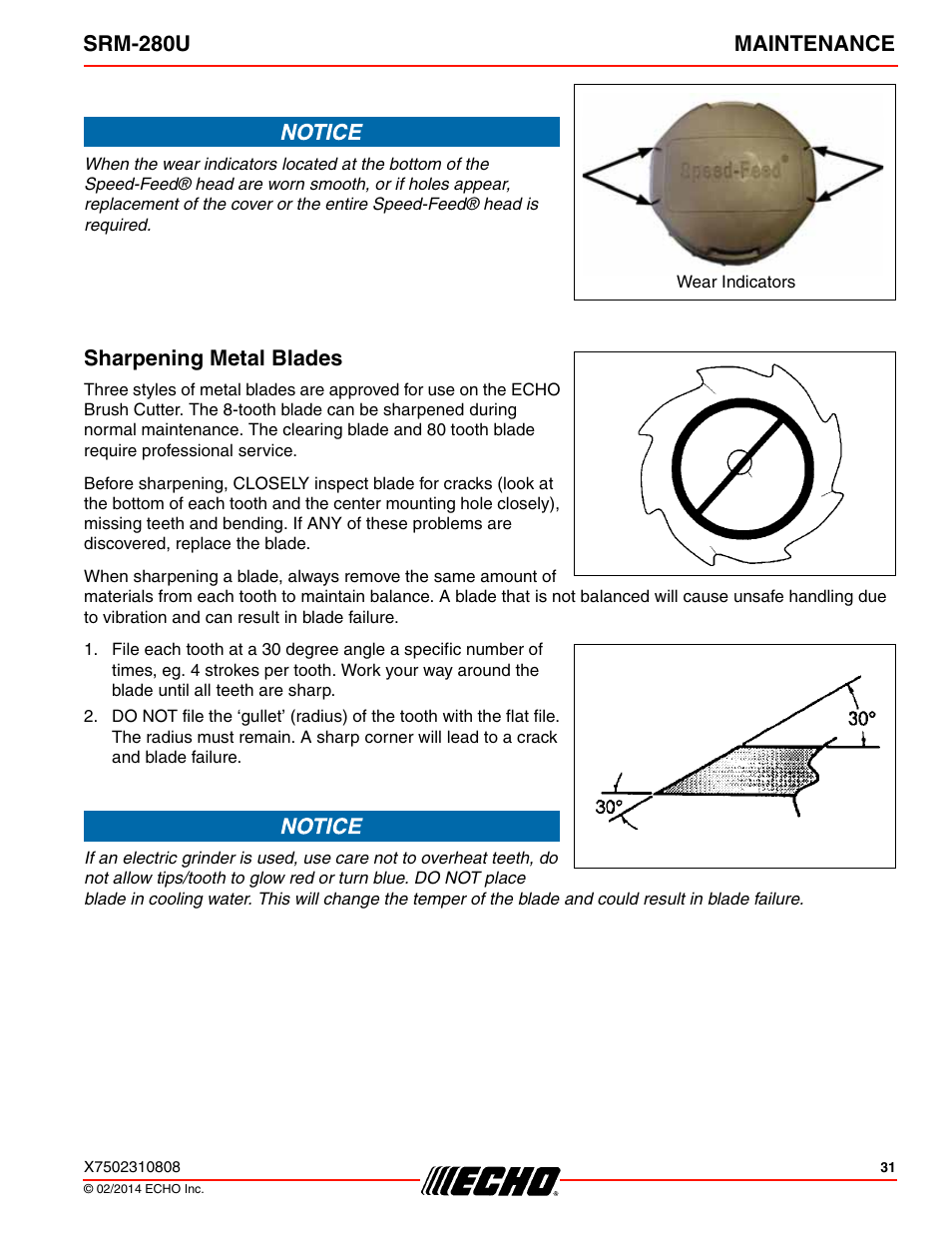 Sharpening metal blades, Srm-280u maintenance | Echo SRM-280U Serial S75012010176 - S75012999999 User Manual | Page 31 / 40