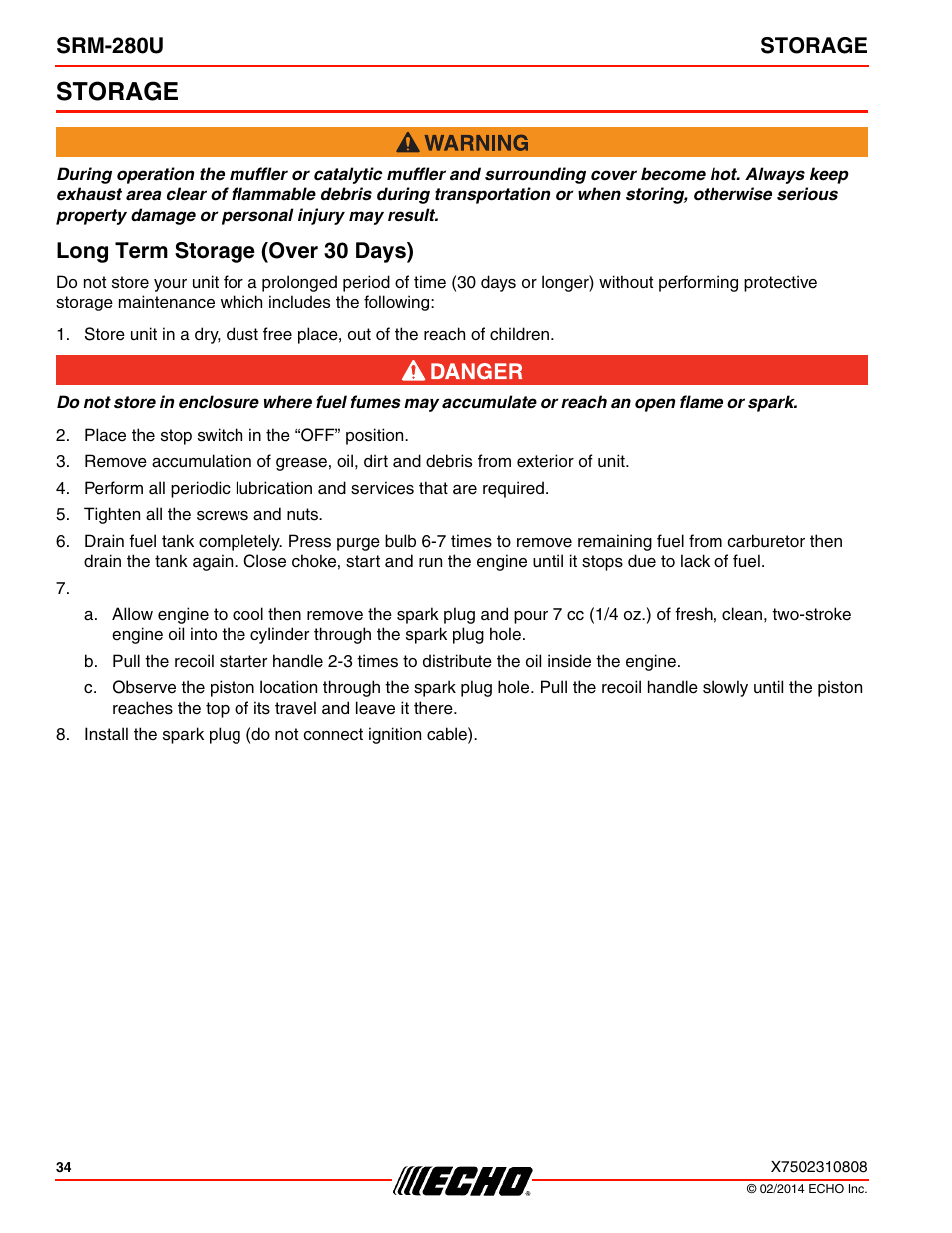 Storage, Long term storage (over 30 days), Srm-280u storage | Echo SRM-280U Serial S75012010176 - S75012999999 User Manual | Page 34 / 40