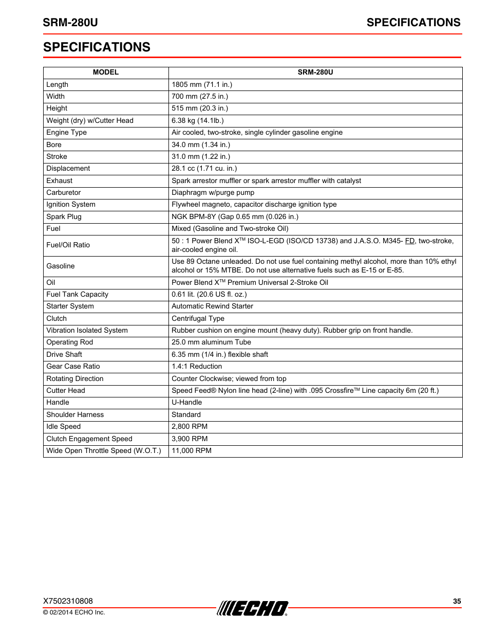 Specifications, Srm-280u specifications | Echo SRM-280U Serial S75012010176 - S75012999999 User Manual | Page 35 / 40