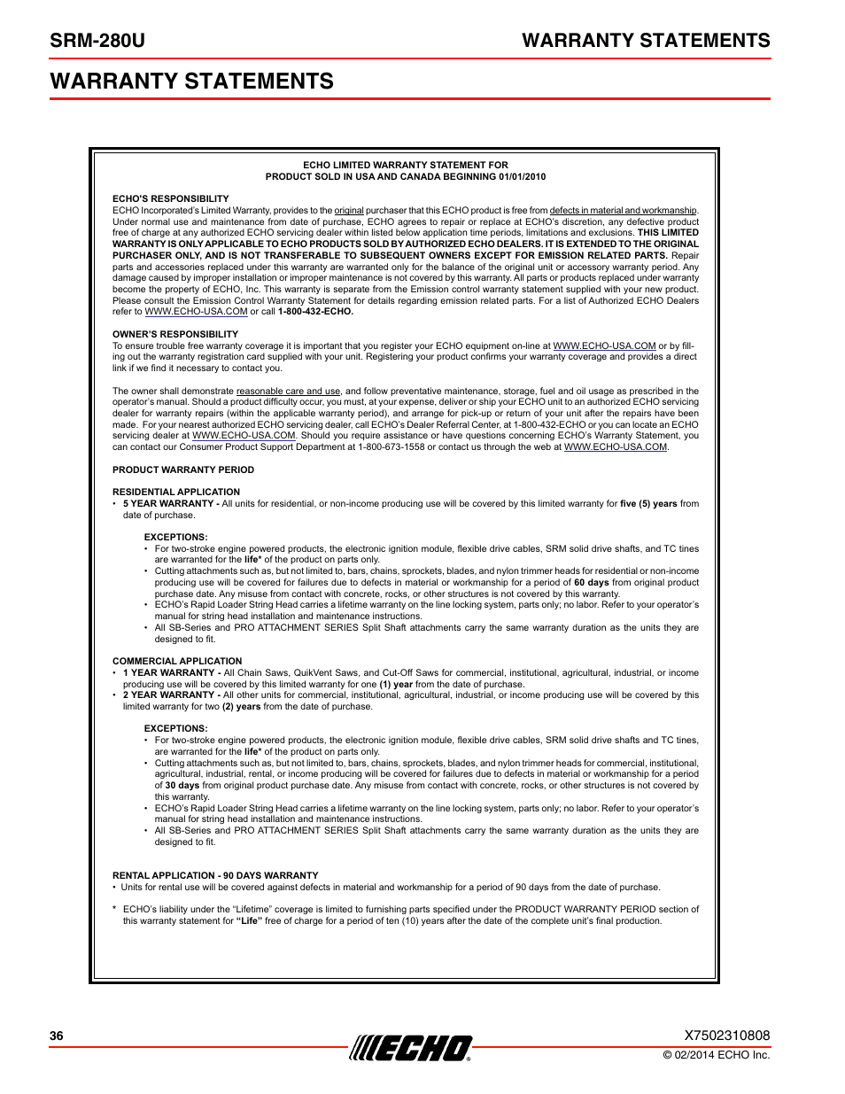 Warranty statements, Srm-280u warranty statements | Echo SRM-280U Serial S75012010176 - S75012999999 User Manual | Page 36 / 40