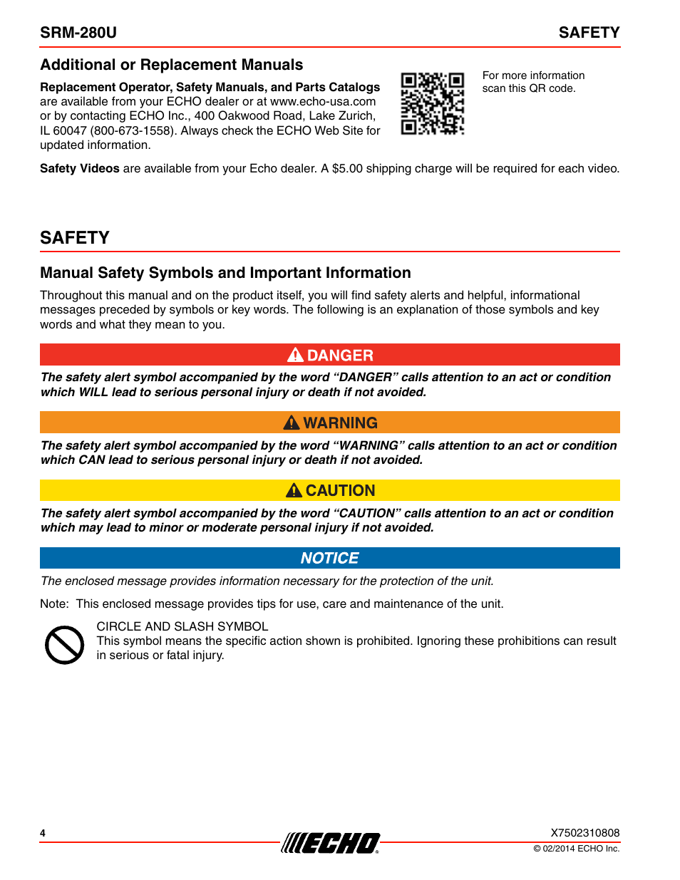 Additional or replacement manuals, Safety, Manual safety symbols and important information | Echo SRM-280U Serial S75012010176 - S75012999999 User Manual | Page 4 / 40