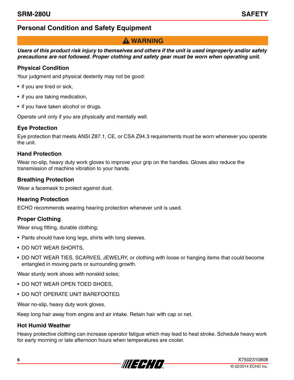 Personal condition and safety equipment | Echo SRM-280U Serial S75012010176 - S75012999999 User Manual | Page 6 / 40