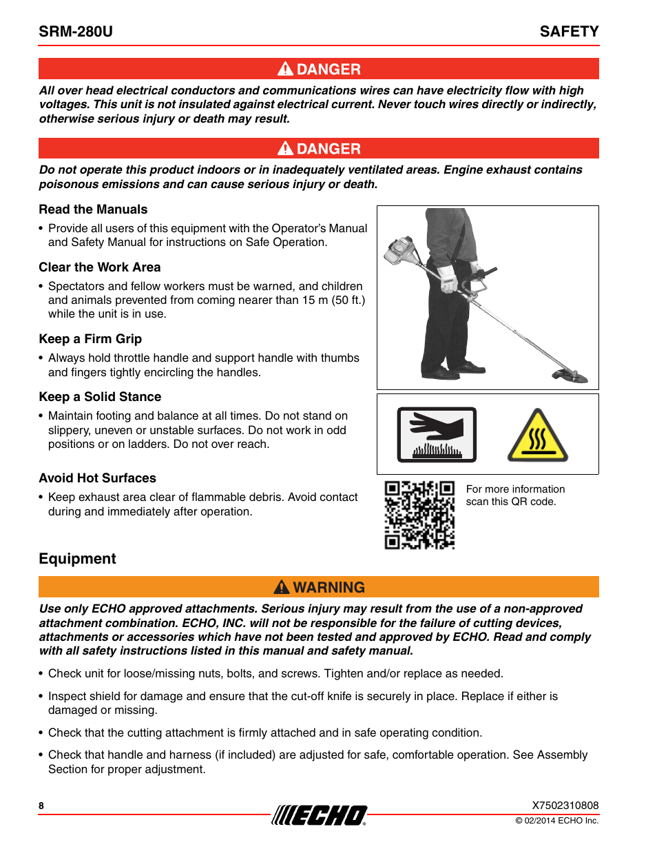 Equipment, Srm-280u safety | Echo SRM-280U Serial S75012010176 - S75012999999 User Manual | Page 8 / 40