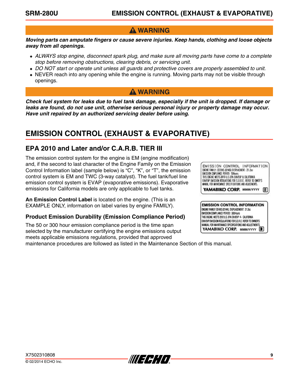 Emission control (exhaust & evaporative), Epa 2010 and later and/or c.a.r.b. tier iii, Srm-280u emission control (exhaust & evaporative) | Echo SRM-280U Serial S75012010176 - S75012999999 User Manual | Page 9 / 40