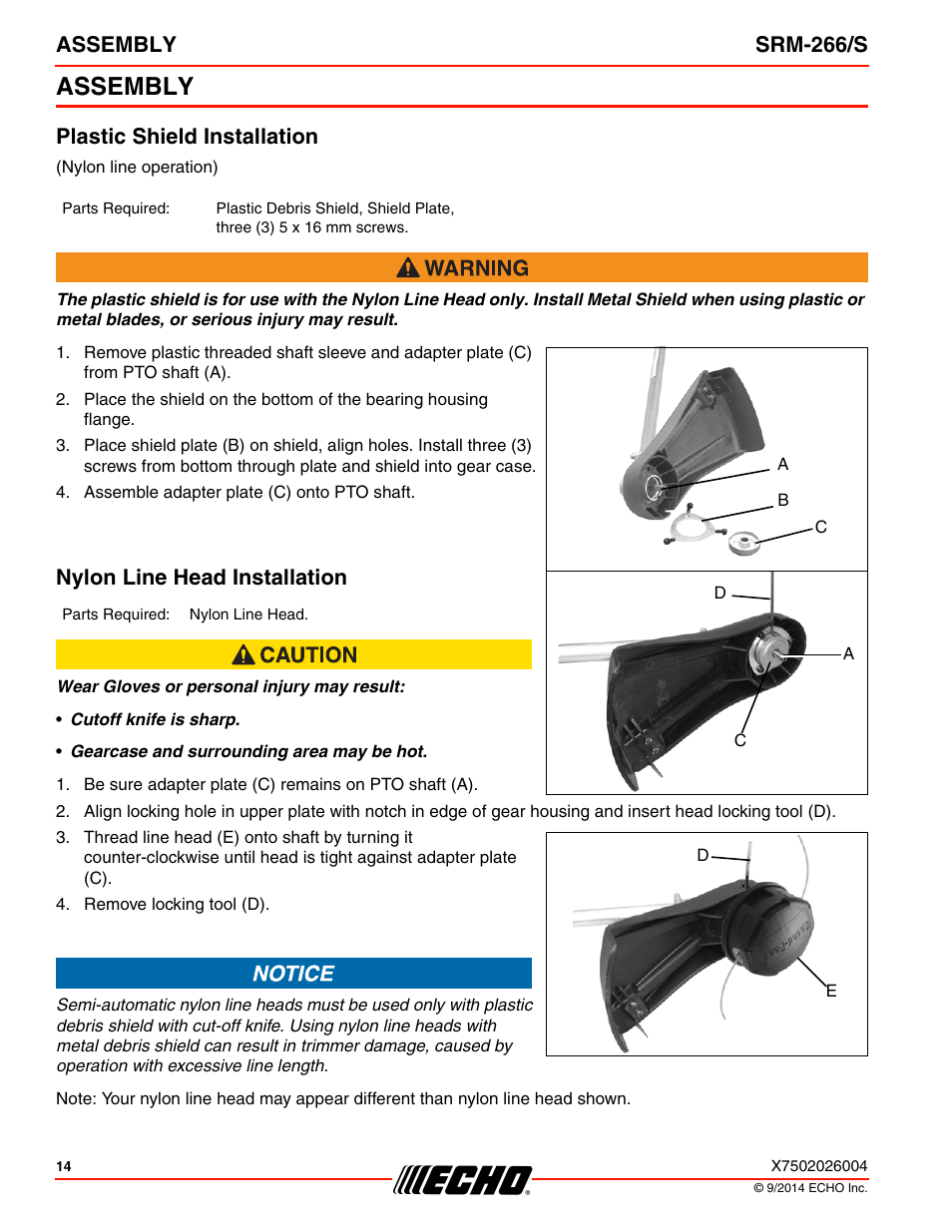 Assembly, Plastic shield installation, Nylon line head installation | Assembly srm-266/s | Echo SRM-266U User Manual | Page 14 / 40
