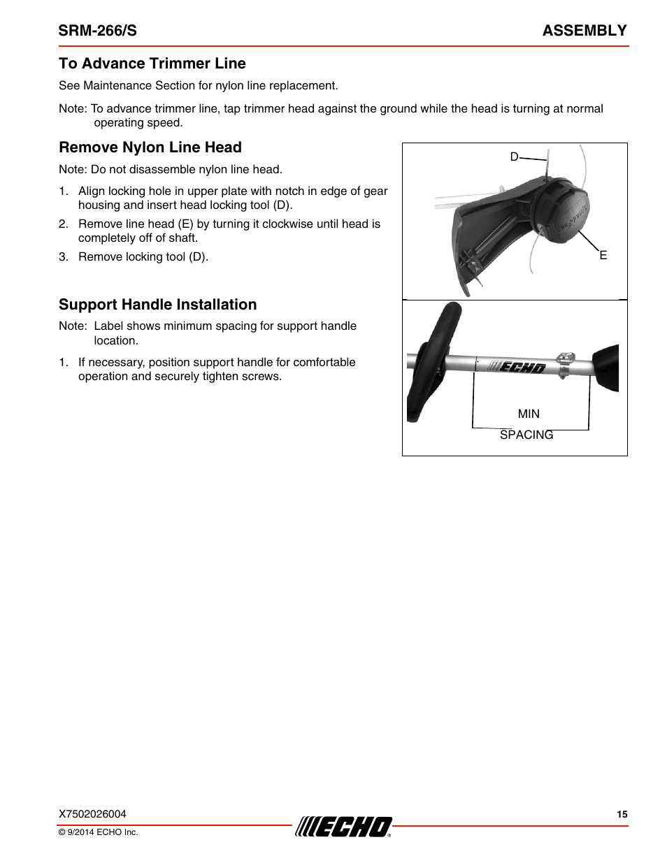 To advance trimmer line, Remove nylon line head, Support handle installation | Srm-266/s assembly | Echo SRM-266U User Manual | Page 15 / 40