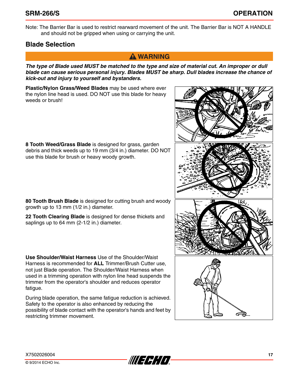 Blade selection, Srm-266/s operation | Echo SRM-266U User Manual | Page 17 / 40