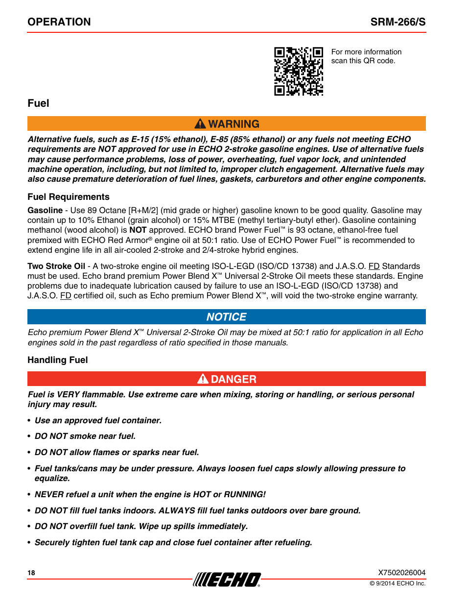 Fuel, Fuel requirements, Handling fuel | Operation srm-266/s | Echo SRM-266U User Manual | Page 18 / 40