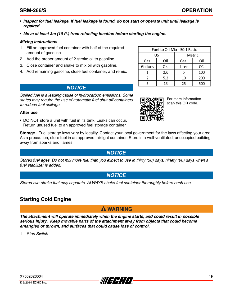 Starting cold engine, Srm-266/s operation | Echo SRM-266U User Manual | Page 19 / 40