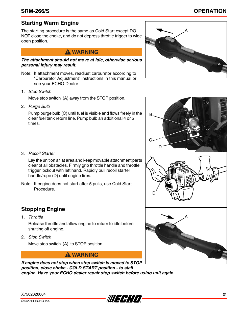 Starting warm engine, Stopping engine, Starting warm engine stopping engine | Srm-266/s operation | Echo SRM-266U User Manual | Page 21 / 40