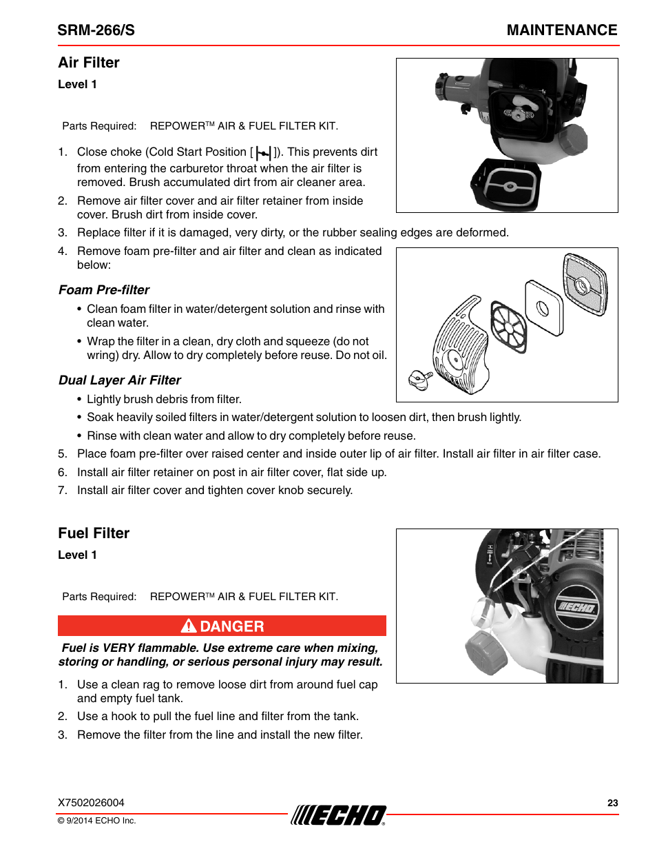 Air filter, Foam pre-filter, Dual layer air filter | Fuel filter, Air filter fuel filter, Srm-266/s maintenance | Echo SRM-266U User Manual | Page 23 / 40