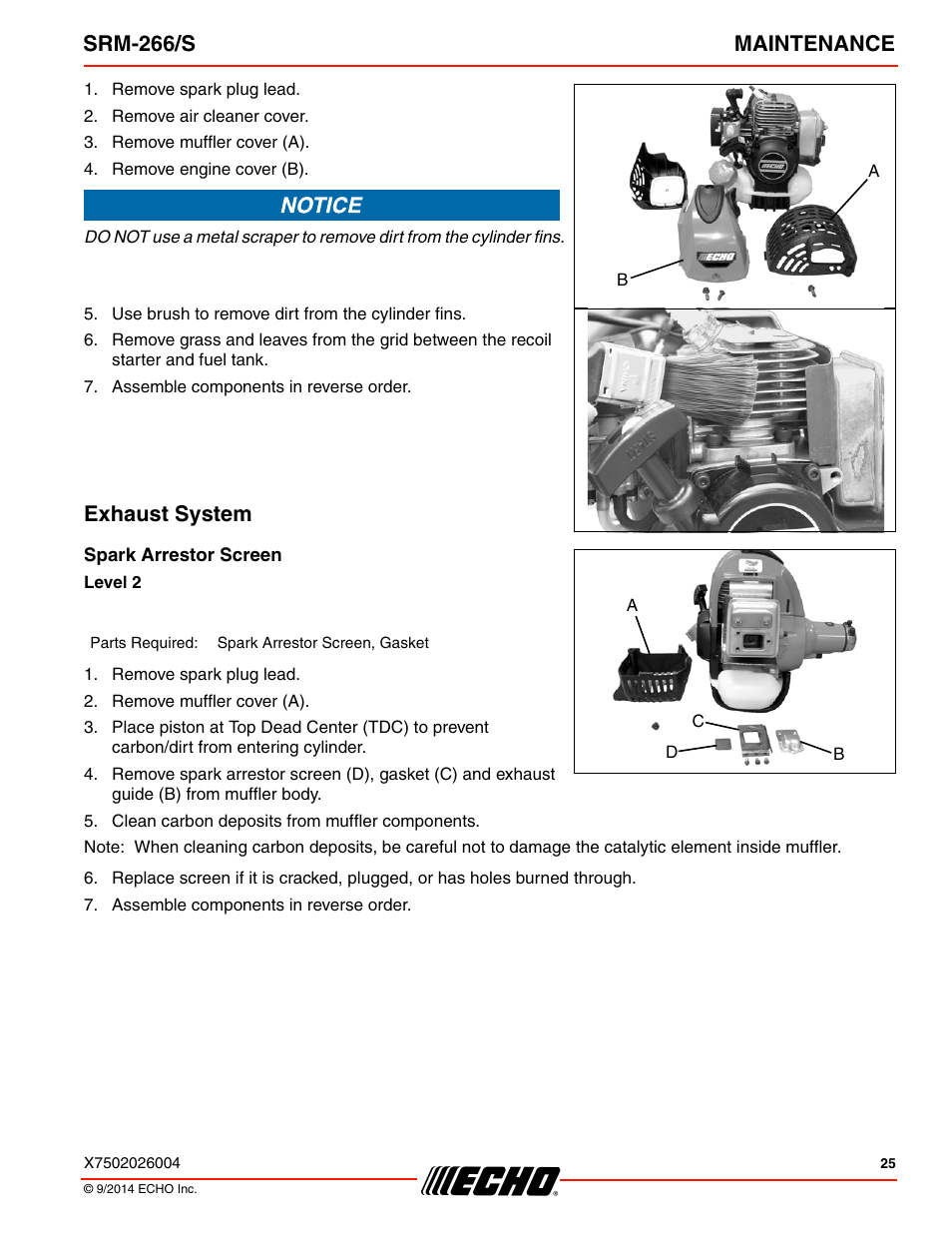 Exhaust system, Spark arrestor screen, Srm-266/s maintenance | Echo SRM-266U User Manual | Page 25 / 40