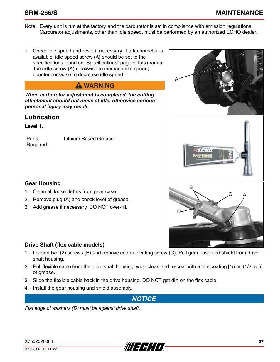 Lubrication, Gear housing, Drive shaft (flex cable models) | Srm-266/s maintenance | Echo SRM-266U User Manual | Page 27 / 40