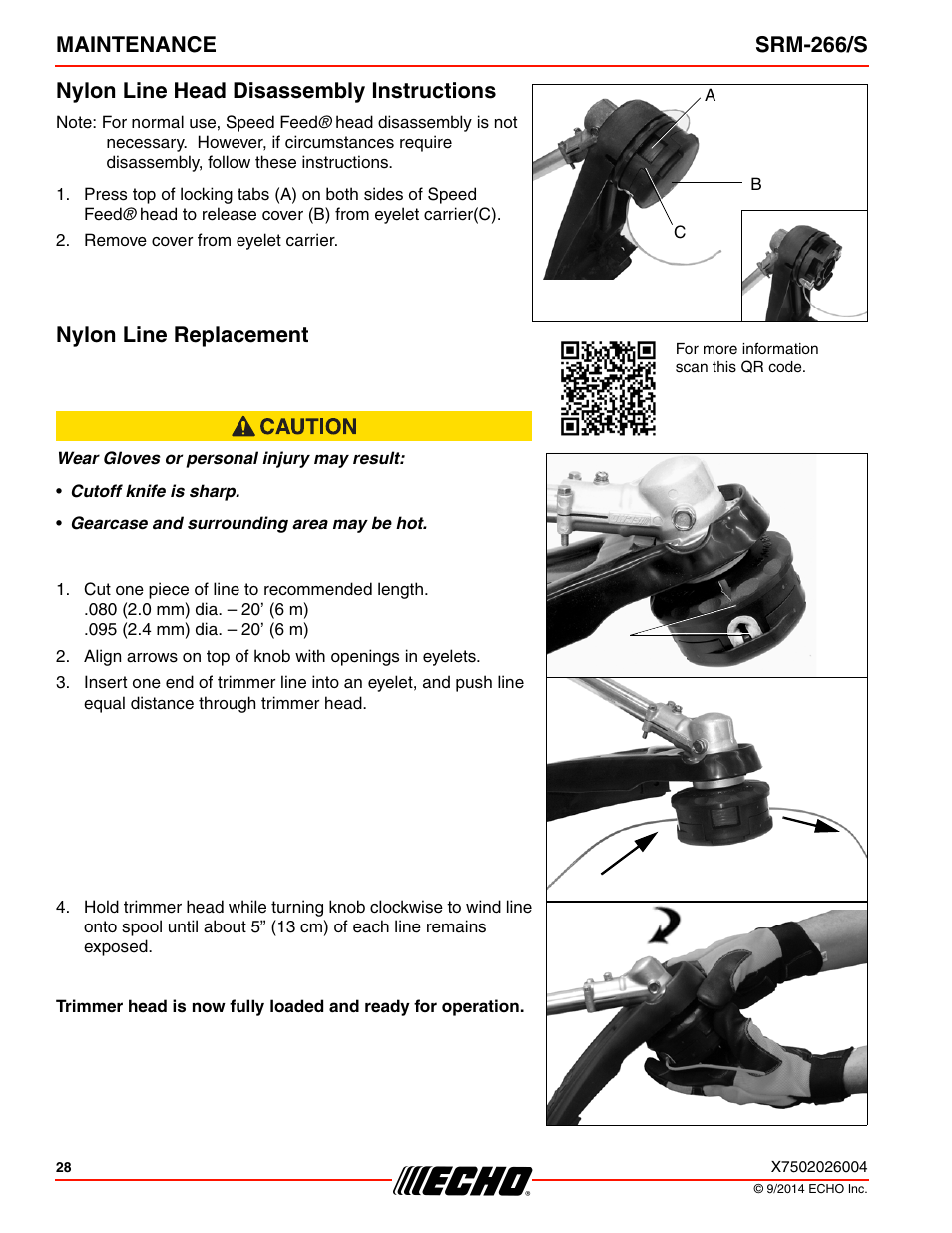 Nylon line head disassembly instructions, Nylon line replacement | Echo SRM-266U User Manual | Page 28 / 40