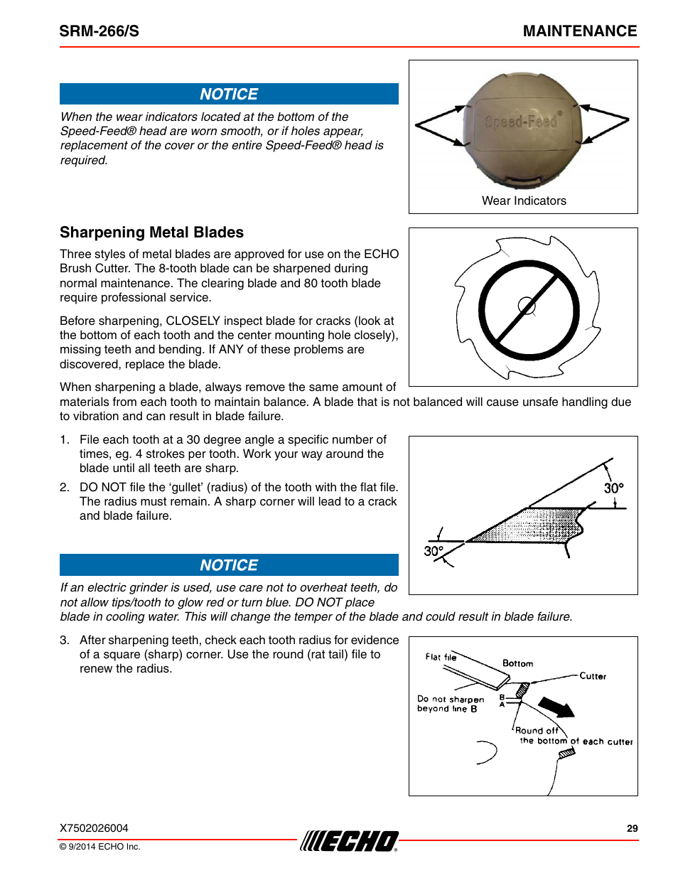 Sharpening metal blades, Srm-266/s maintenance | Echo SRM-266U User Manual | Page 29 / 40