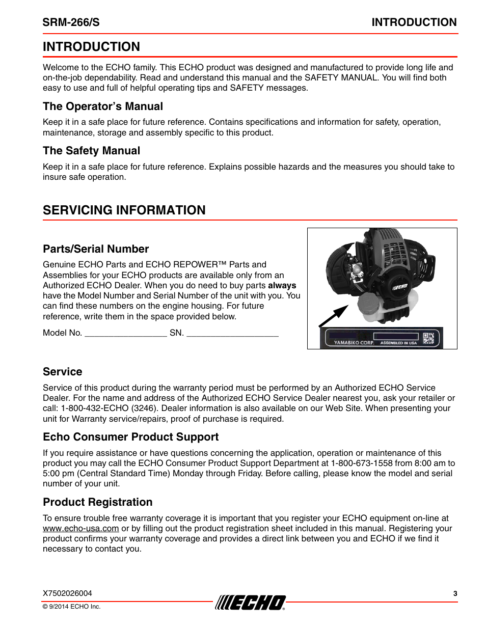 Introduction, The operator’s manual, The safety manual | Servicing information, Parts/serial number, Service, Echo consumer product support, Product registration, The operator’s manual the safety manual | Echo SRM-266U User Manual | Page 3 / 40