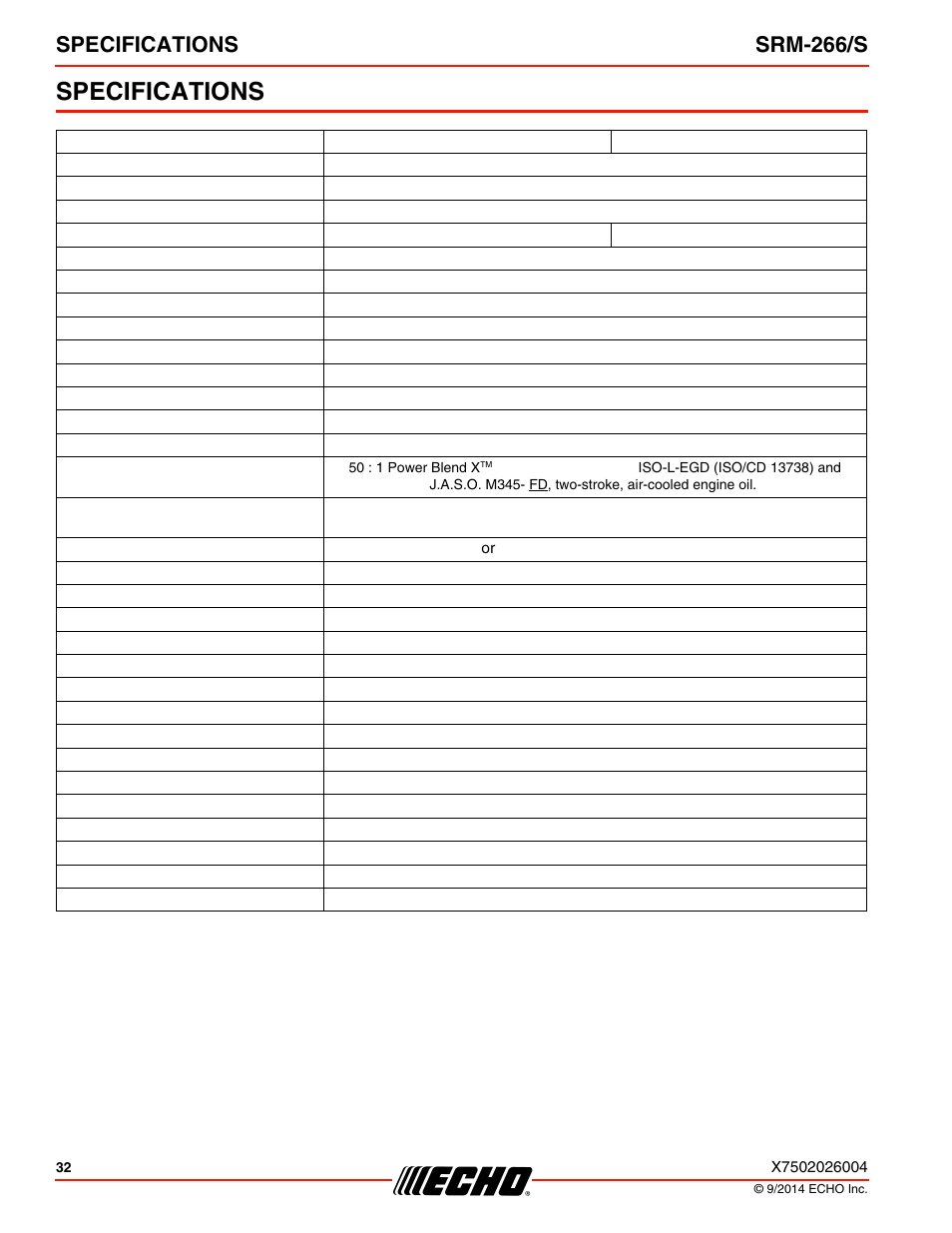 Specifications, Specifications srm-266/s | Echo SRM-266U User Manual | Page 32 / 40