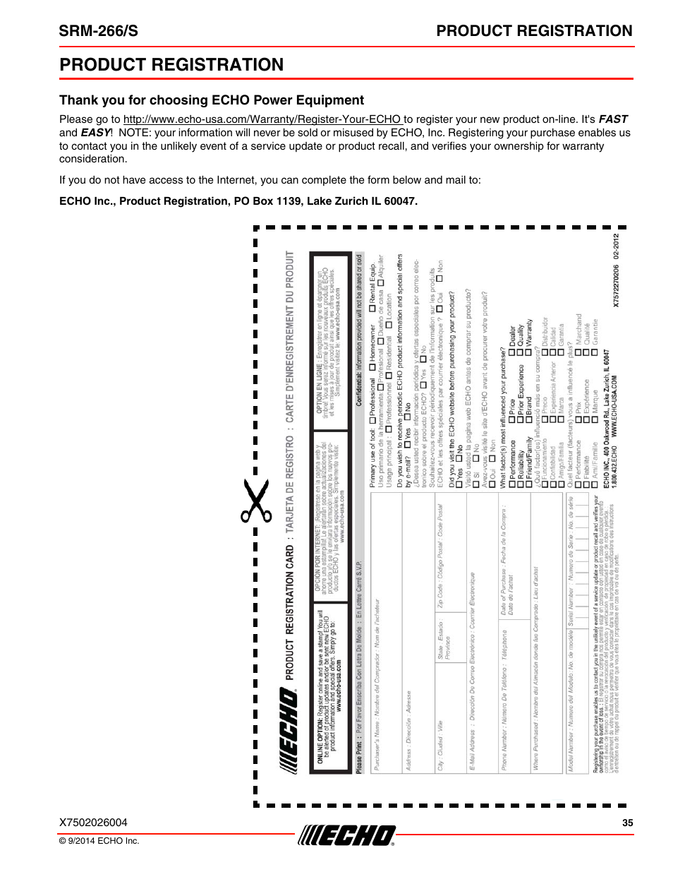 Product registration, Thank you for choosing echo power equipment, Srm-266/s product registration | Echo SRM-266U User Manual | Page 35 / 40