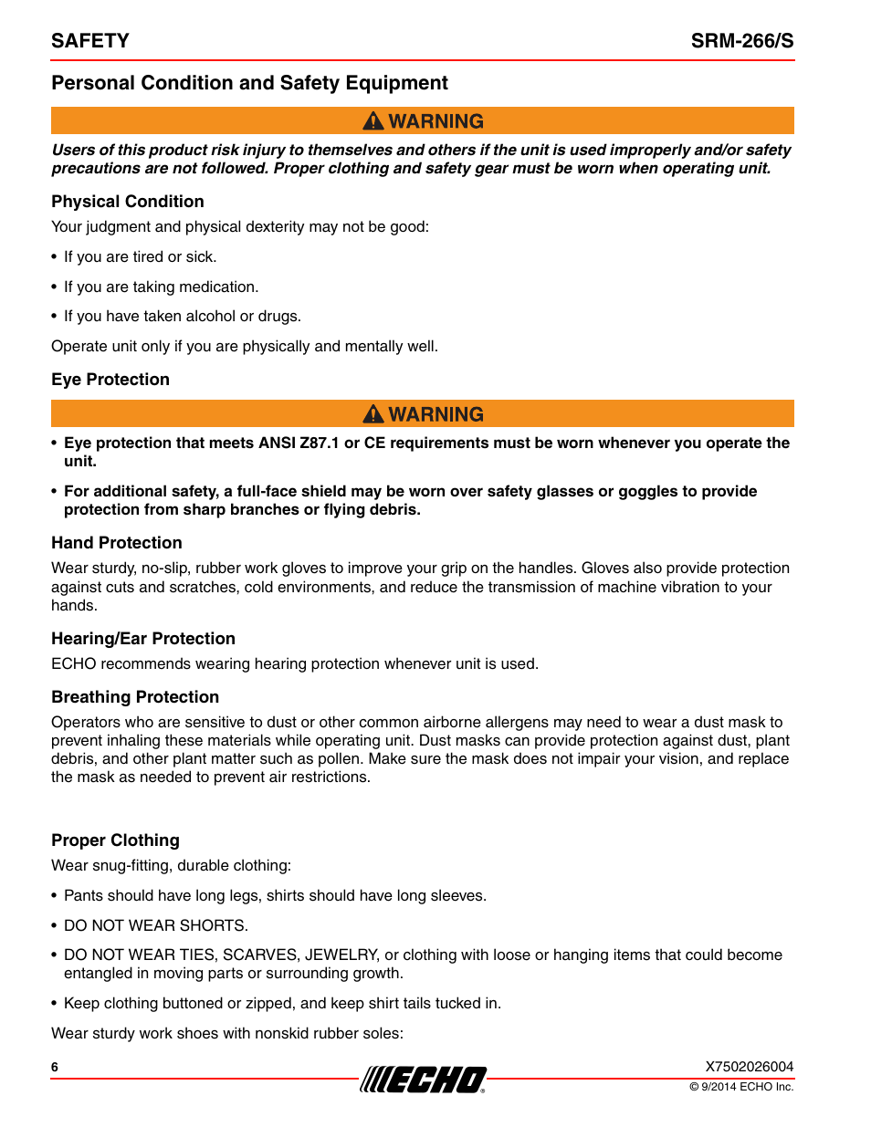 Personal condition and safety equipment, Physical condition, Eye protection | Hand protection, Hearing/ear protection, Breathing protection, Proper clothing | Echo SRM-266U User Manual | Page 6 / 40