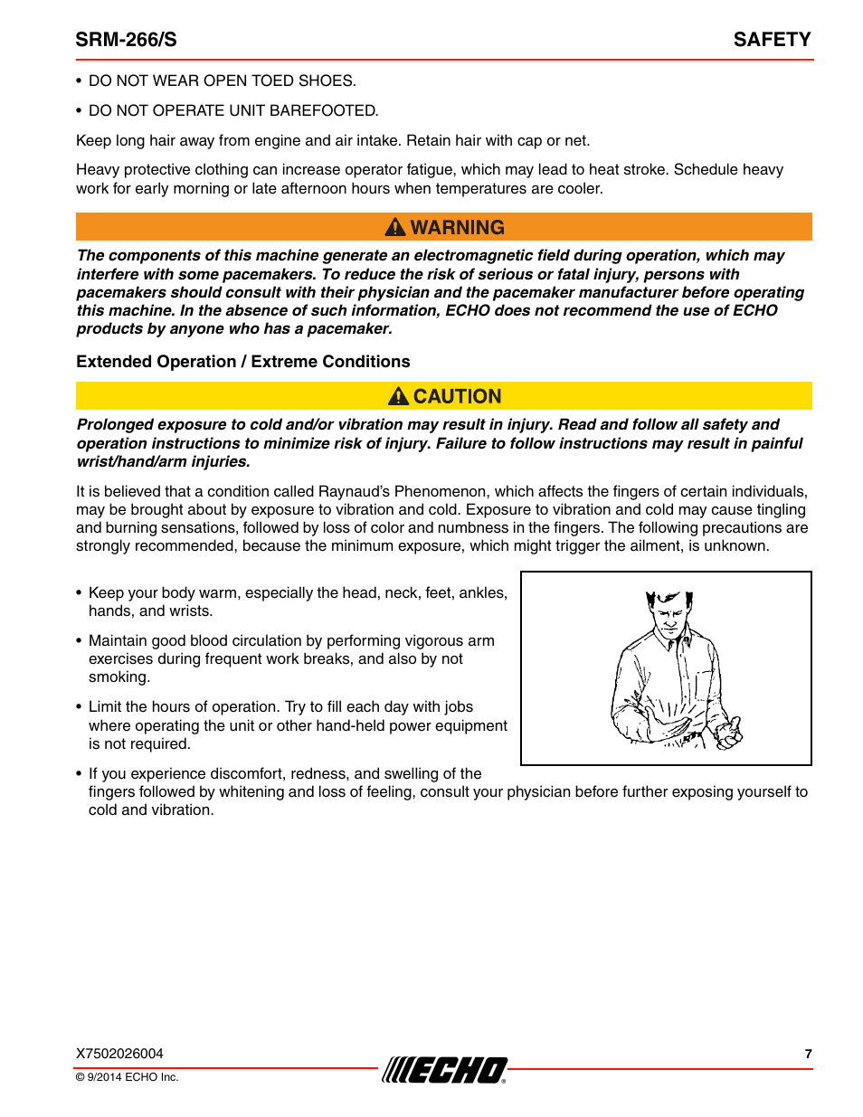 Extended operation / extreme conditions, Srm-266/s safety | Echo SRM-266U User Manual | Page 7 / 40