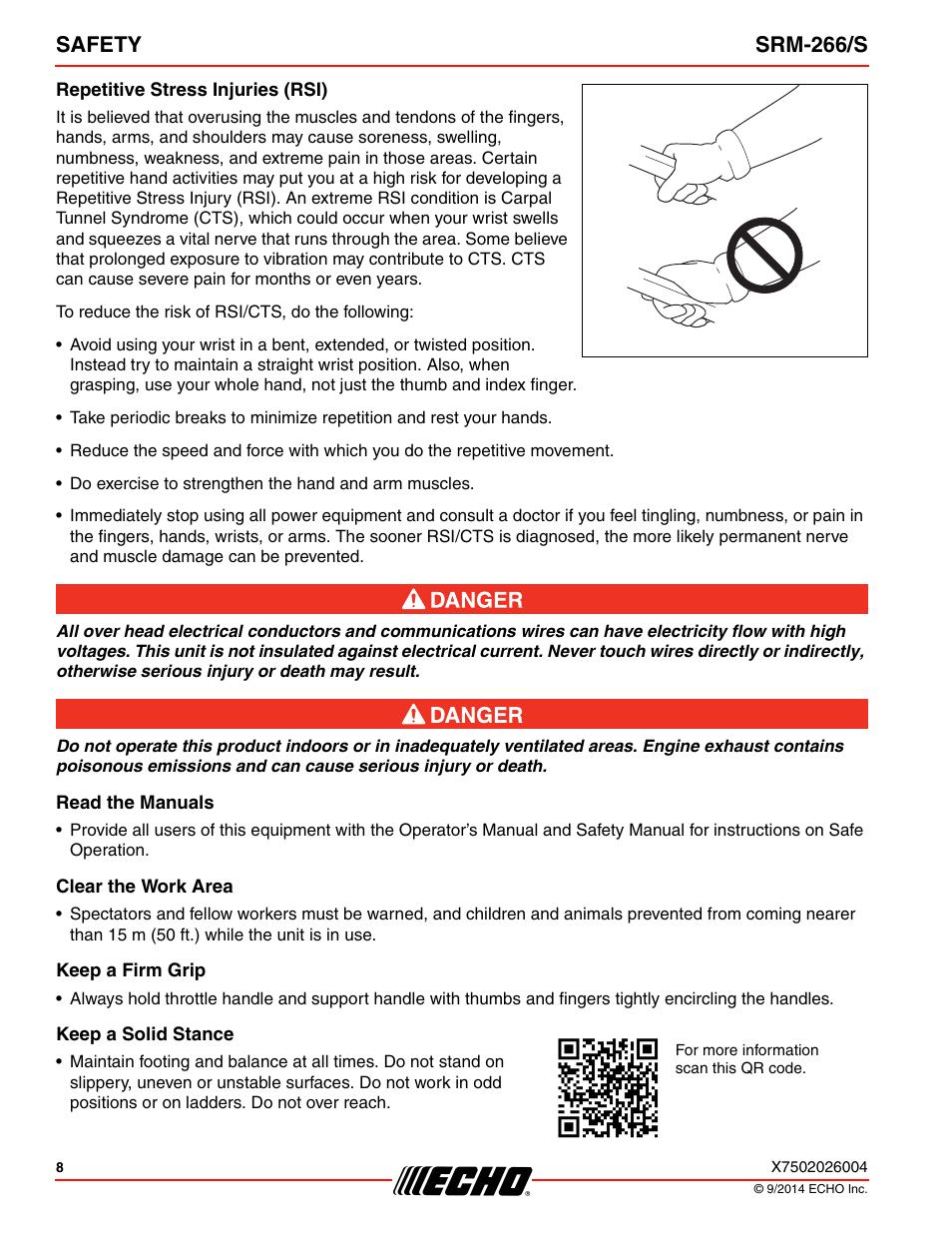 Repetitive stress injuries (rsi), Read the manuals, Clear the work area | Keep a firm grip, Keep a solid stance, Safety srm-266/s | Echo SRM-266U User Manual | Page 8 / 40