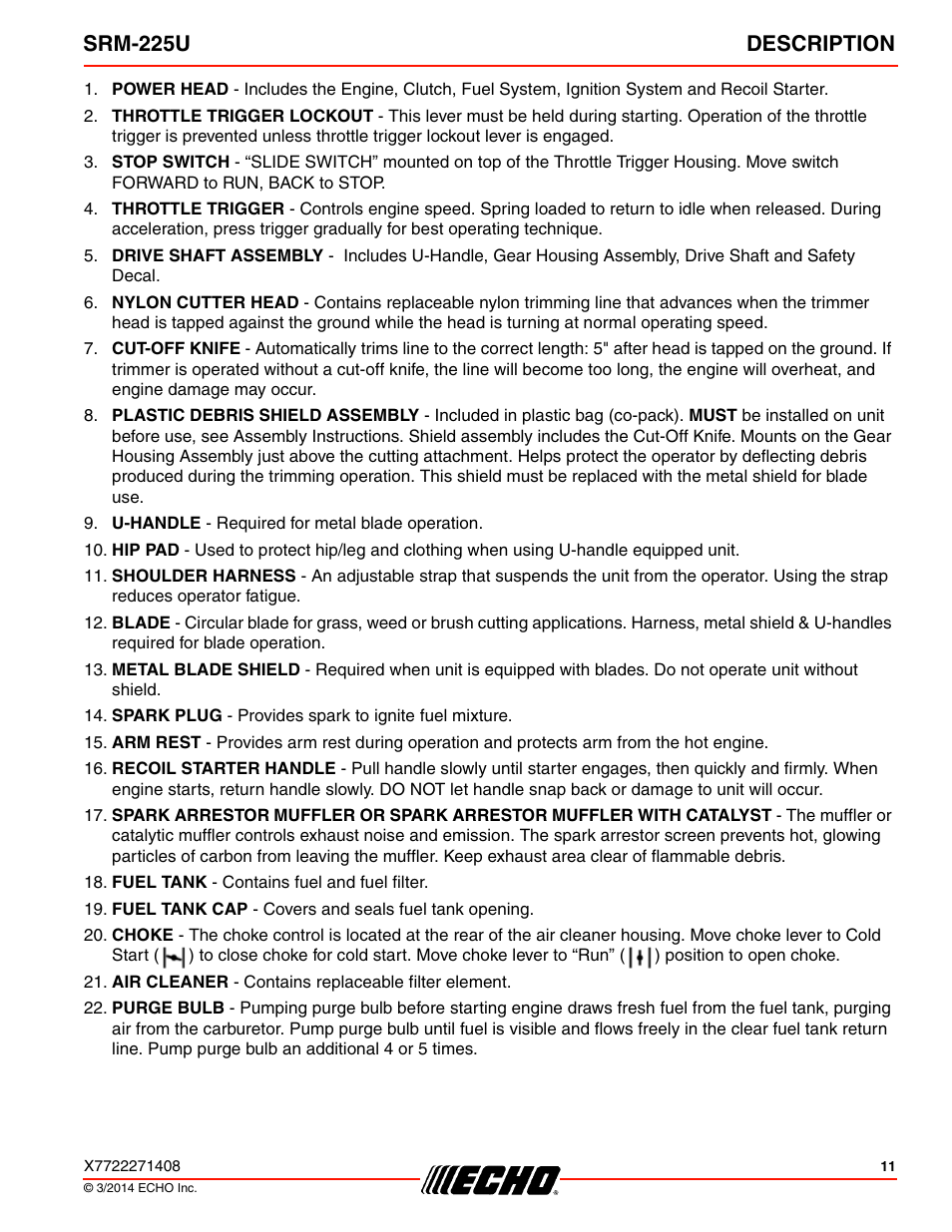 Srm-225u description | Echo SRM-225U Serial S79012004906 - S79012999999 User Manual | Page 11 / 40